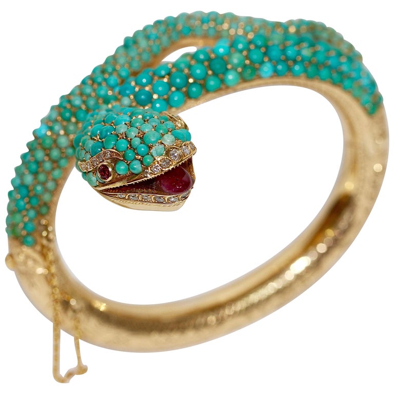 Bracelet jonc serpent en or 18 carats serti de turquoises, diamants et