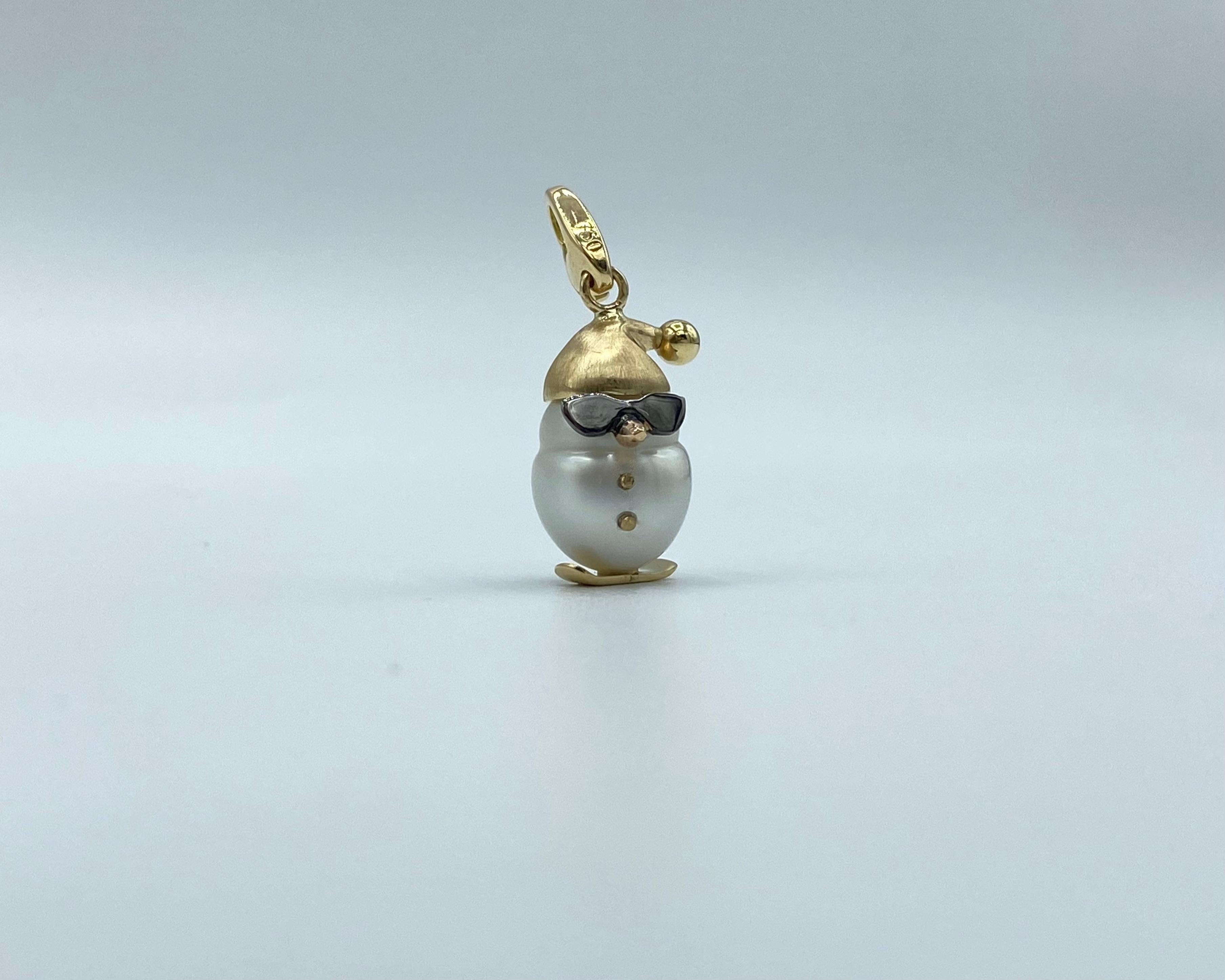 Contemporary 18 Karat Gold Snowboarder Snowman Australian Pearl Pendant Necklace or Charm For Sale