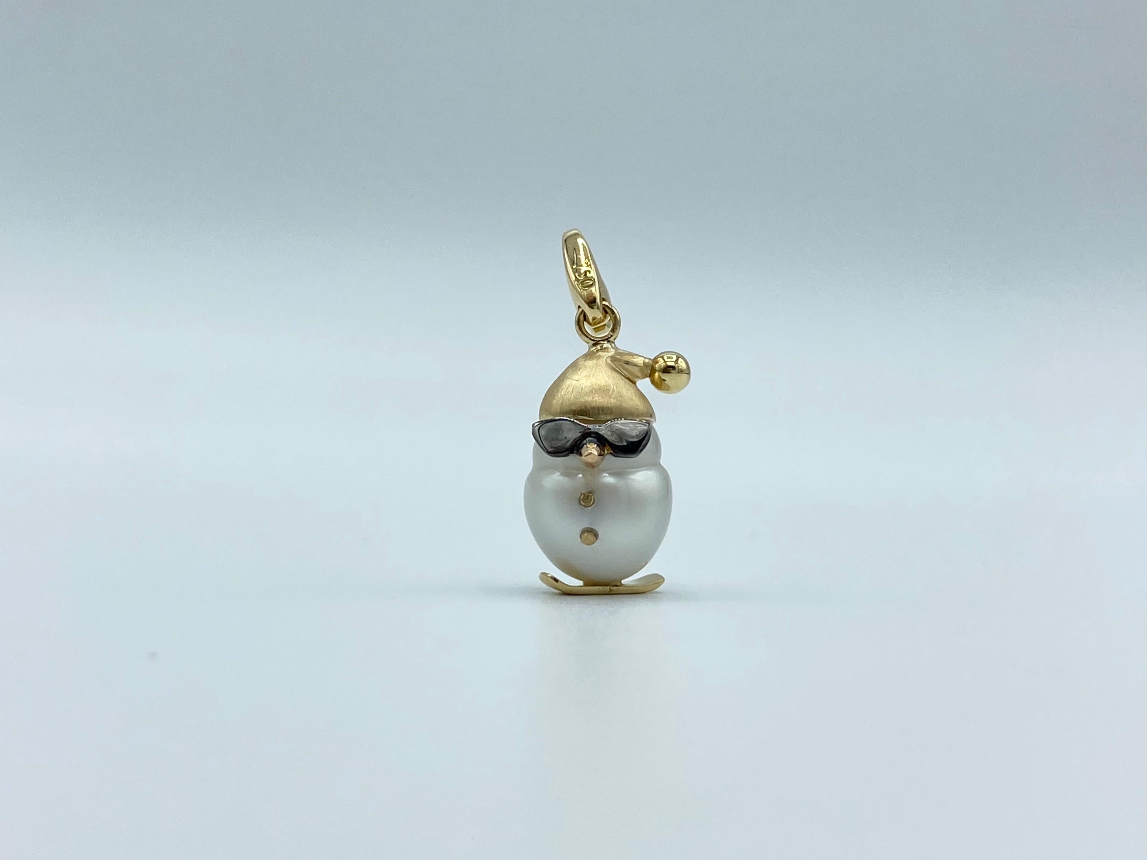 Uncut 18 Karat Gold Snowboarder Snowman Australian Pearl Pendant Necklace or Charm For Sale