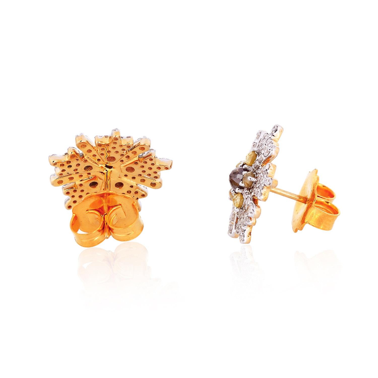 Cast in 18 Karat gold. These beautiful stud earrings features a fancy slice diamond in center and set in 2.05 carats of sparkling diamonds. 

FOLLOW  MEGHNA JEWELS storefront to view the latest collection & exclusive pieces.  Meghna Jewels is