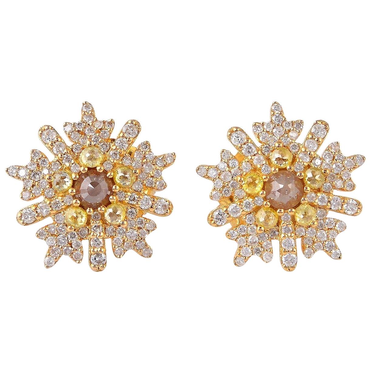 Fancy Diamond 18 Karat Gold Snowflakes Stud Earrings For Sale