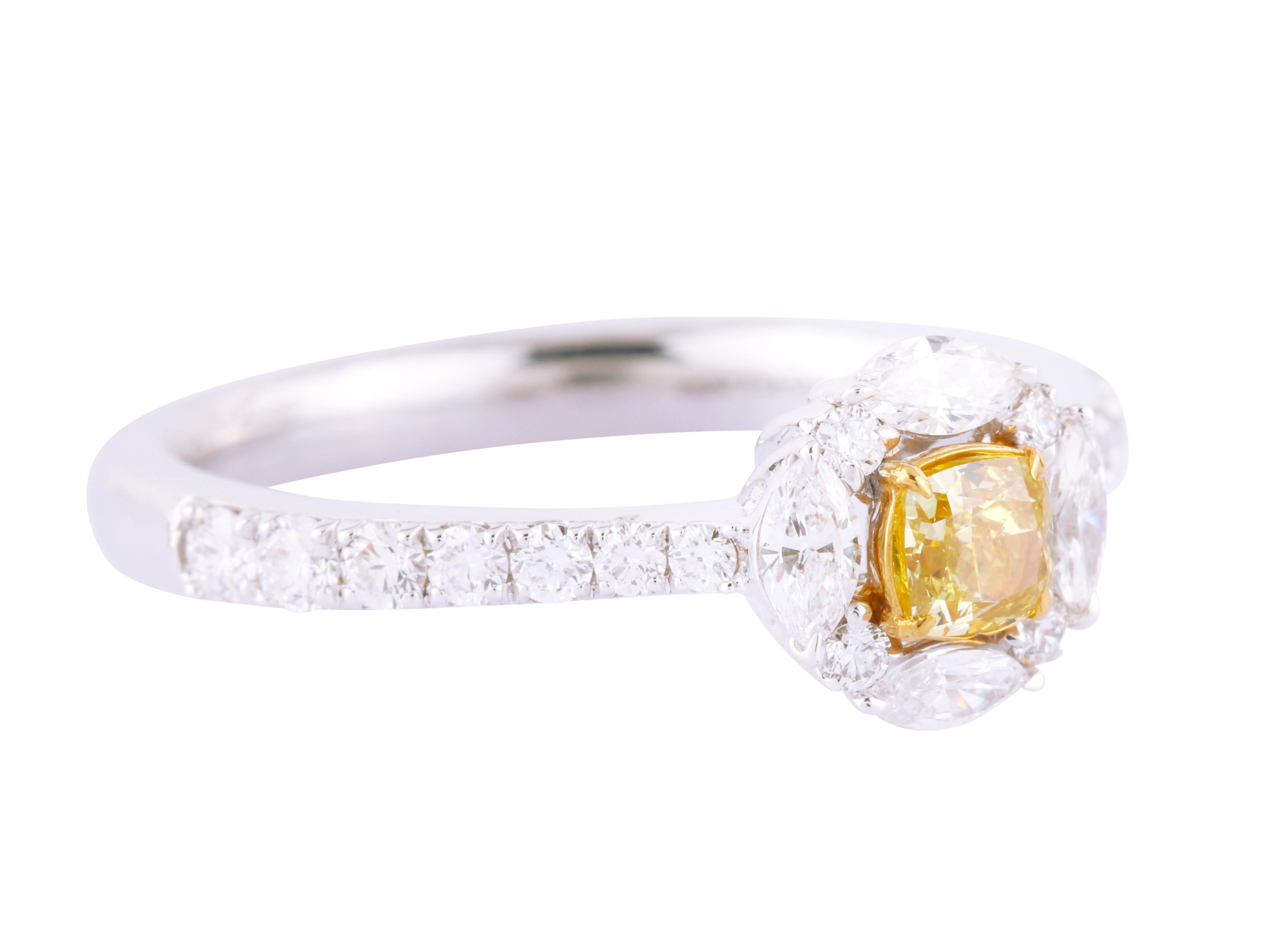 Cushion Cut 18 Karat Gold Solitaire Fancy Yellow and White Diamond Ring For Sale