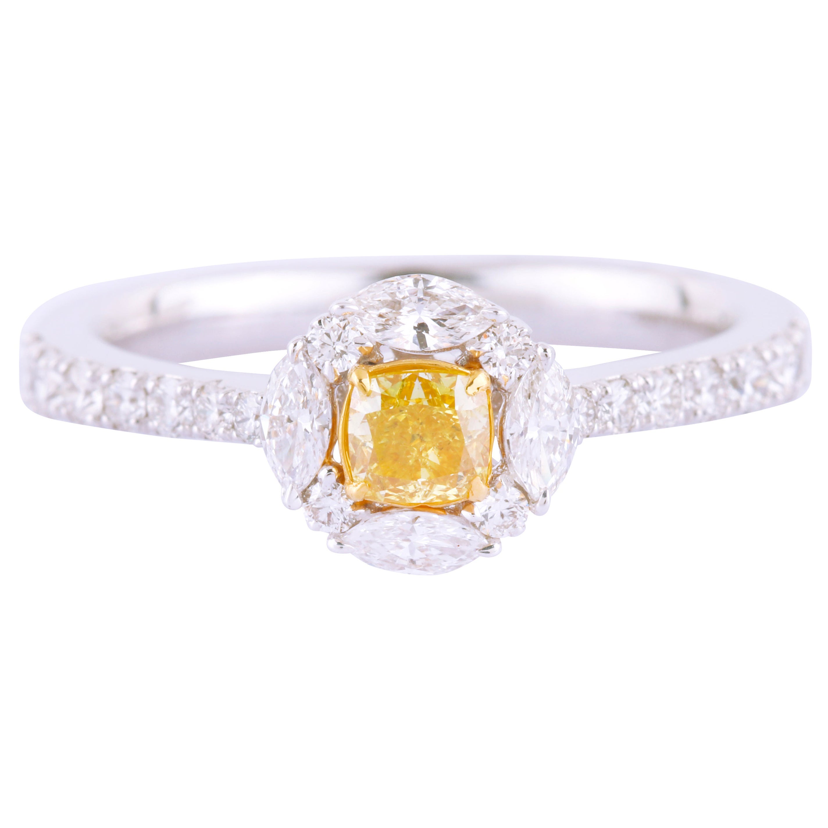 Anello solitario in oro 18 carati con diamante giallo e bianco