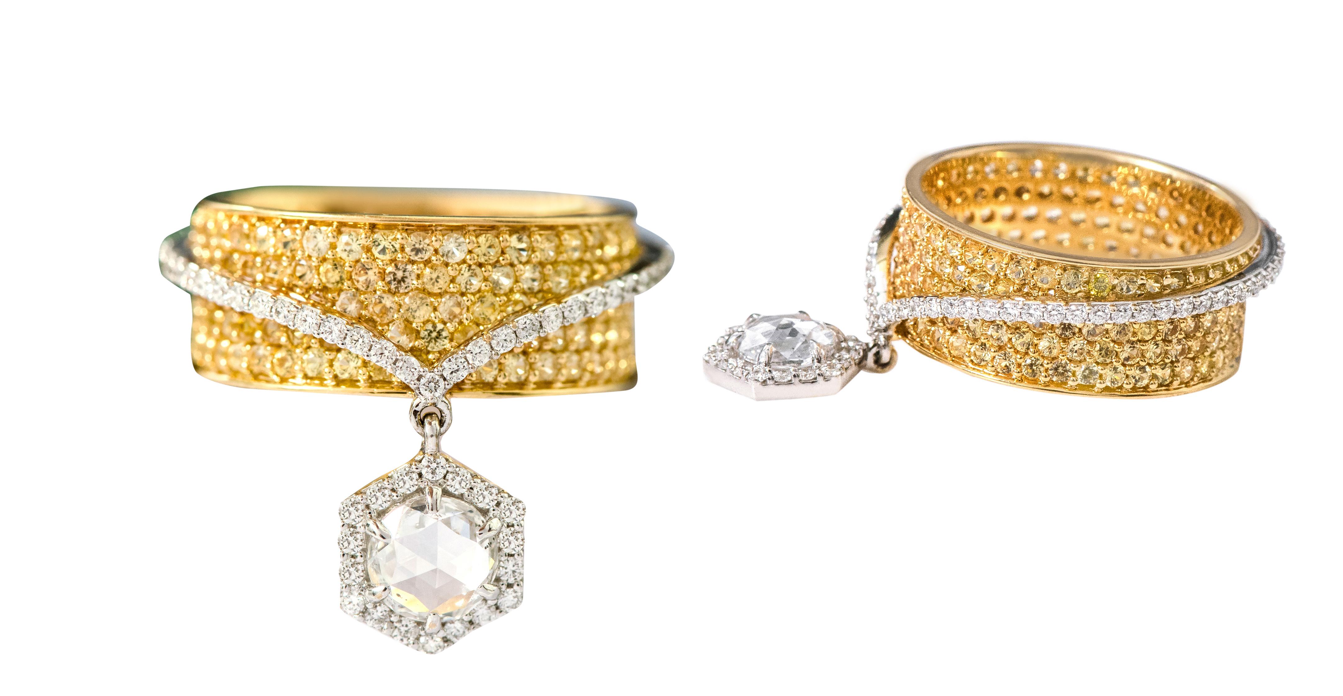 Solitärring aus 18 Karat Gold mit Diamant im Rosenschliff und gelbem Saphir Solitärring im Zustand „Neu“ im Angebot in Jaipur, IN