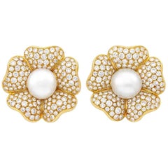 18 Karat Gold, South Sea Cultured Pearl and Diamond Flower Clip-On Earrings