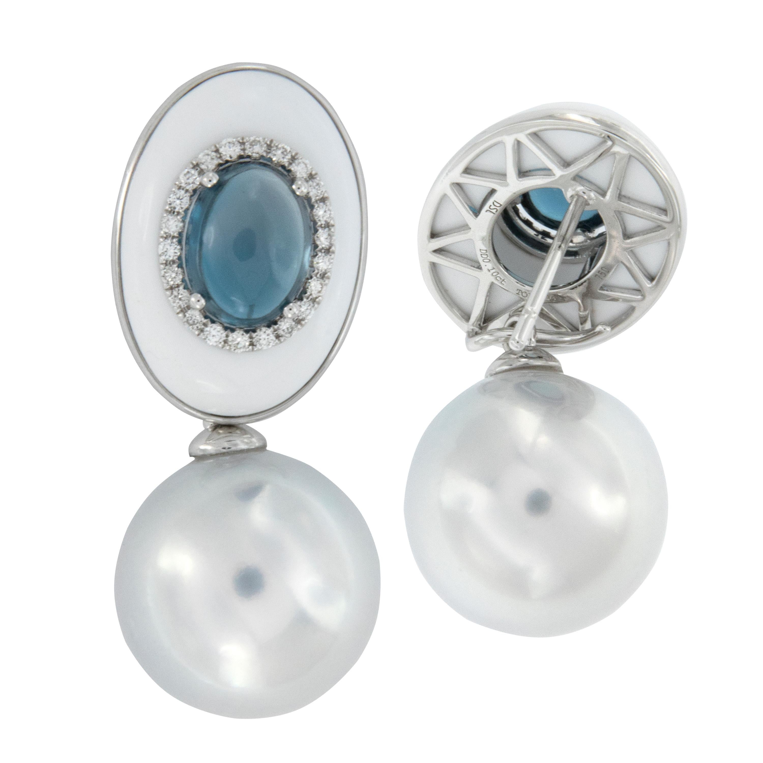 The beautifully arranged colors of white, blue & silver/white in these drop South Sea earrings are spectacular! Their large size, limited culturing area, and extended growth period all combine to make South Sea pearls the rarest of all pearl types.