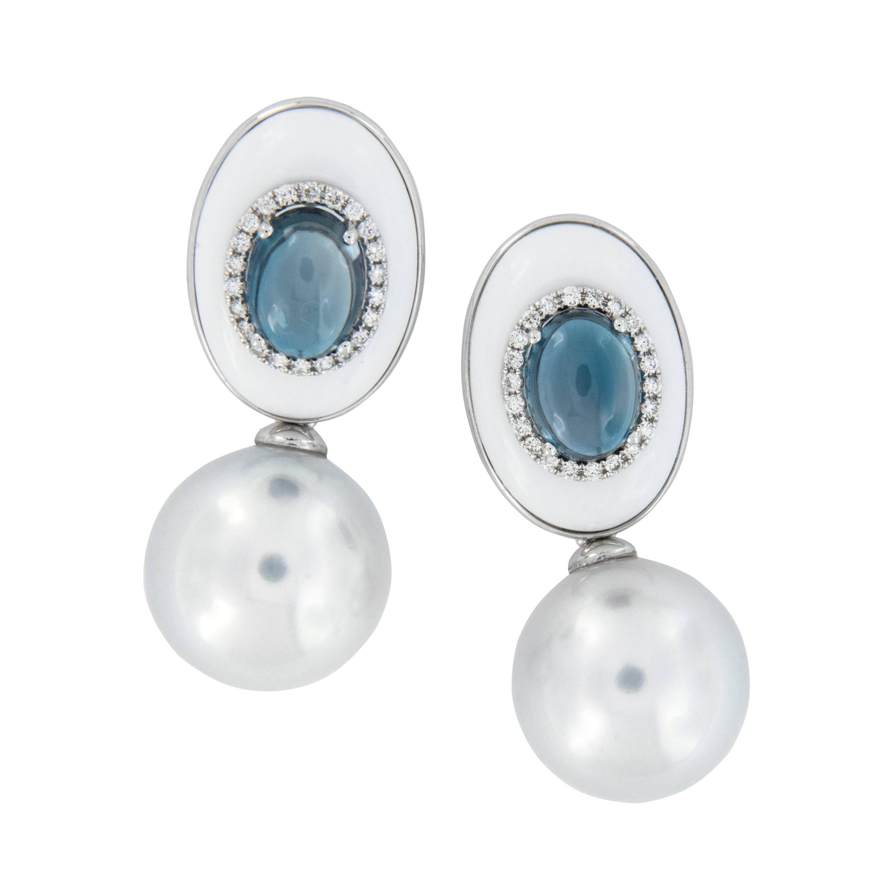 18 Karat Gold South Sea Pearl, Blue Topaz, Agate Drop Earrings