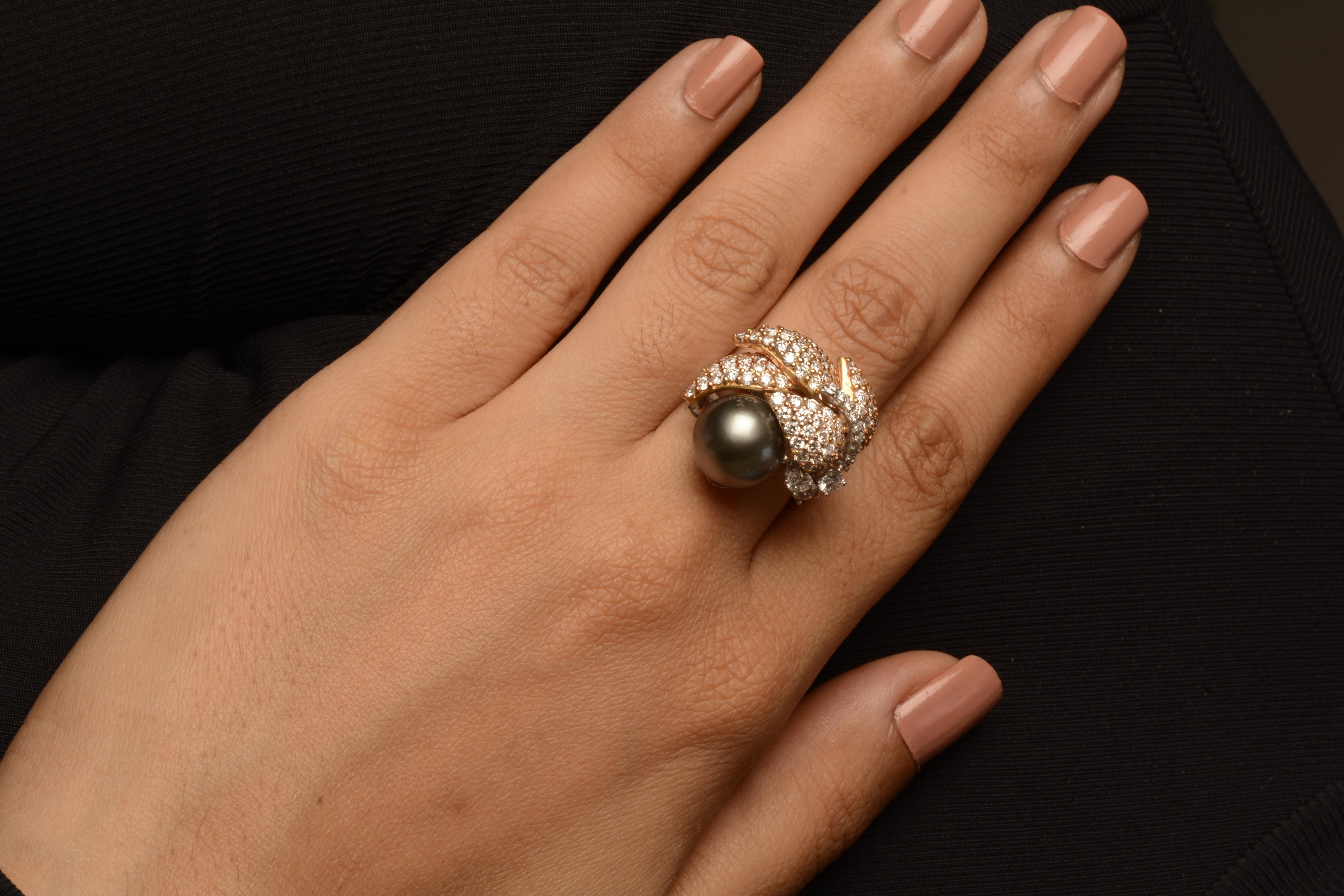 Women's 18 Karat Gold South Sea Pearl Diamond Cocktail Ring For Sale