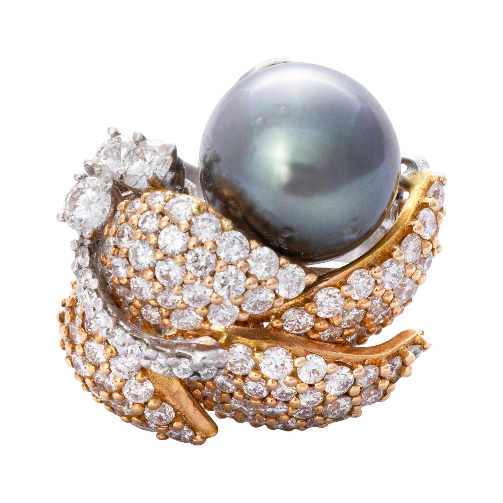 18 Karat Gold South Sea Pearl Diamond Cocktail Ring For Sale