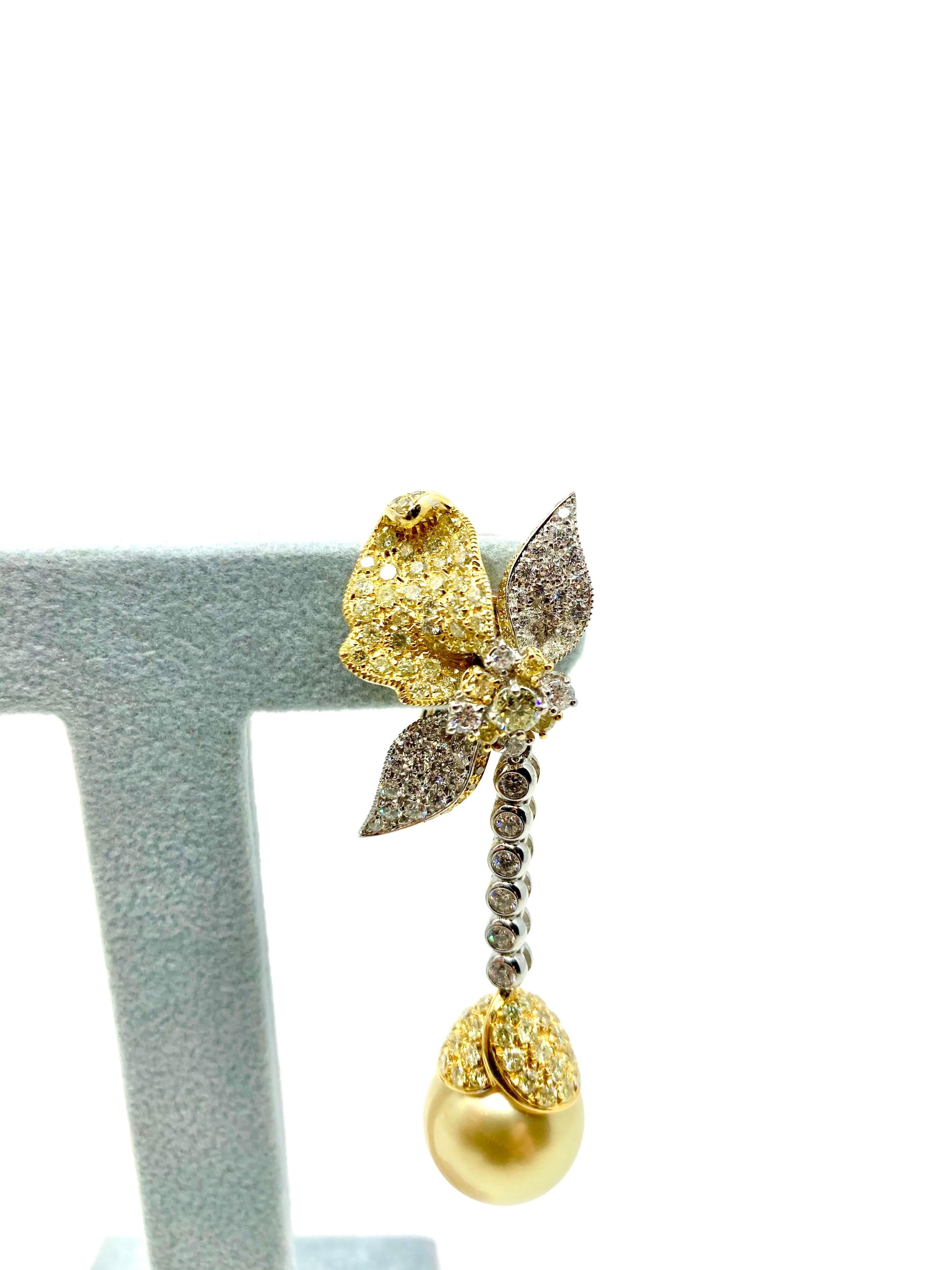 Modern 18 Karat Gold South Sea Pearls and Diamonds Earrings For Sale