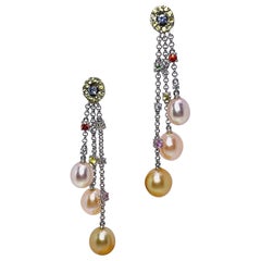 18 Karat Gold South Sea Pearls and Multicolored Sapphires Hanging Drop Earrings