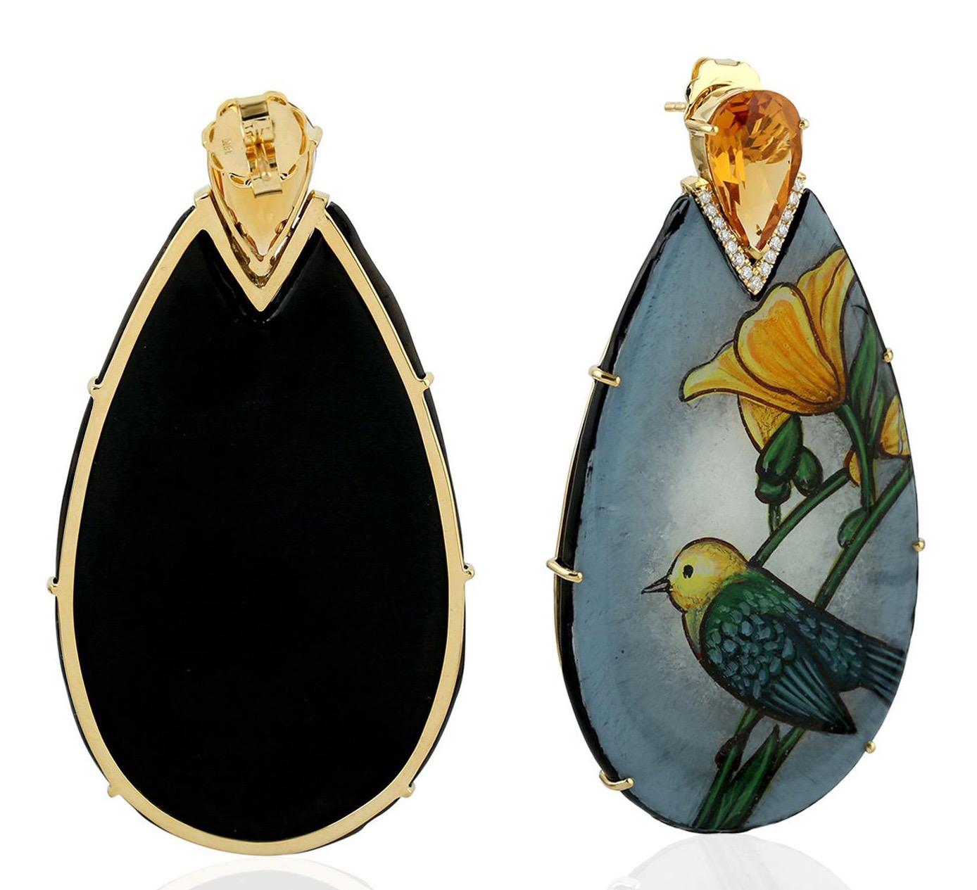 Artisan 18 Karat Gold Sparrow Enamel Citrine Diamond Earrings For Sale