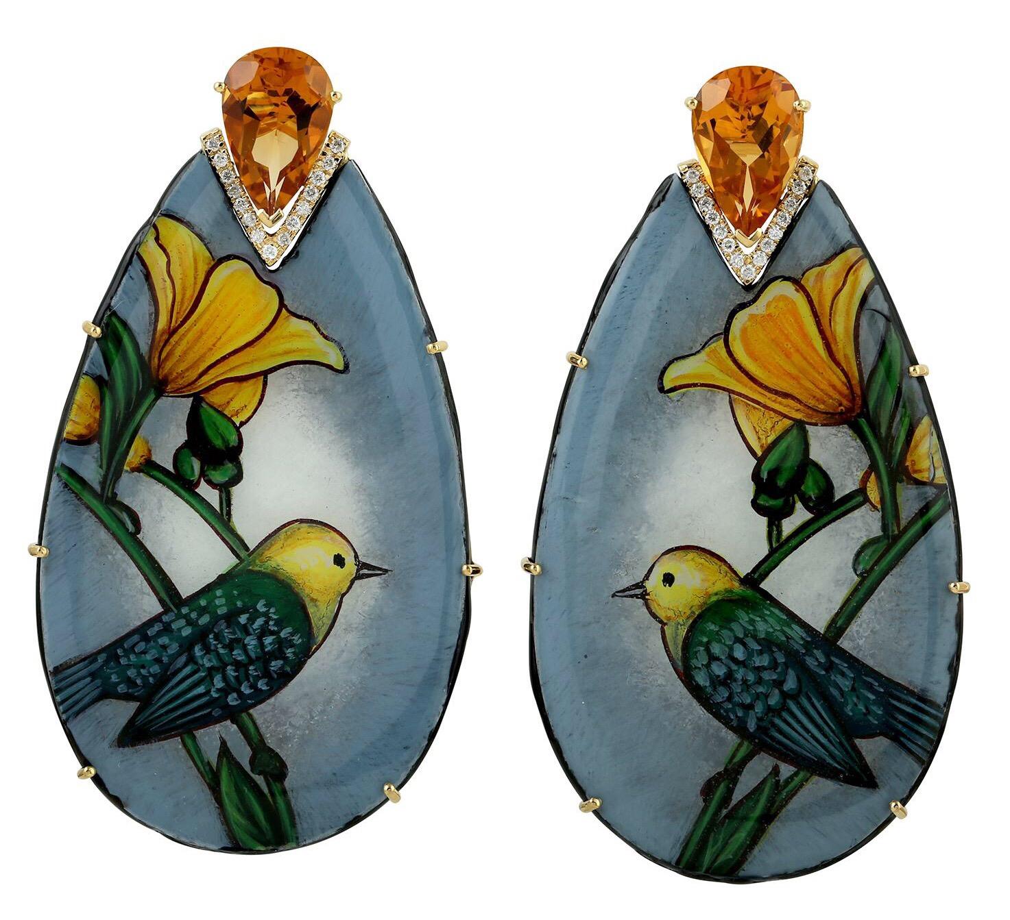 Rose Cut 18 Karat Gold Sparrow Enamel Citrine Diamond Earrings For Sale