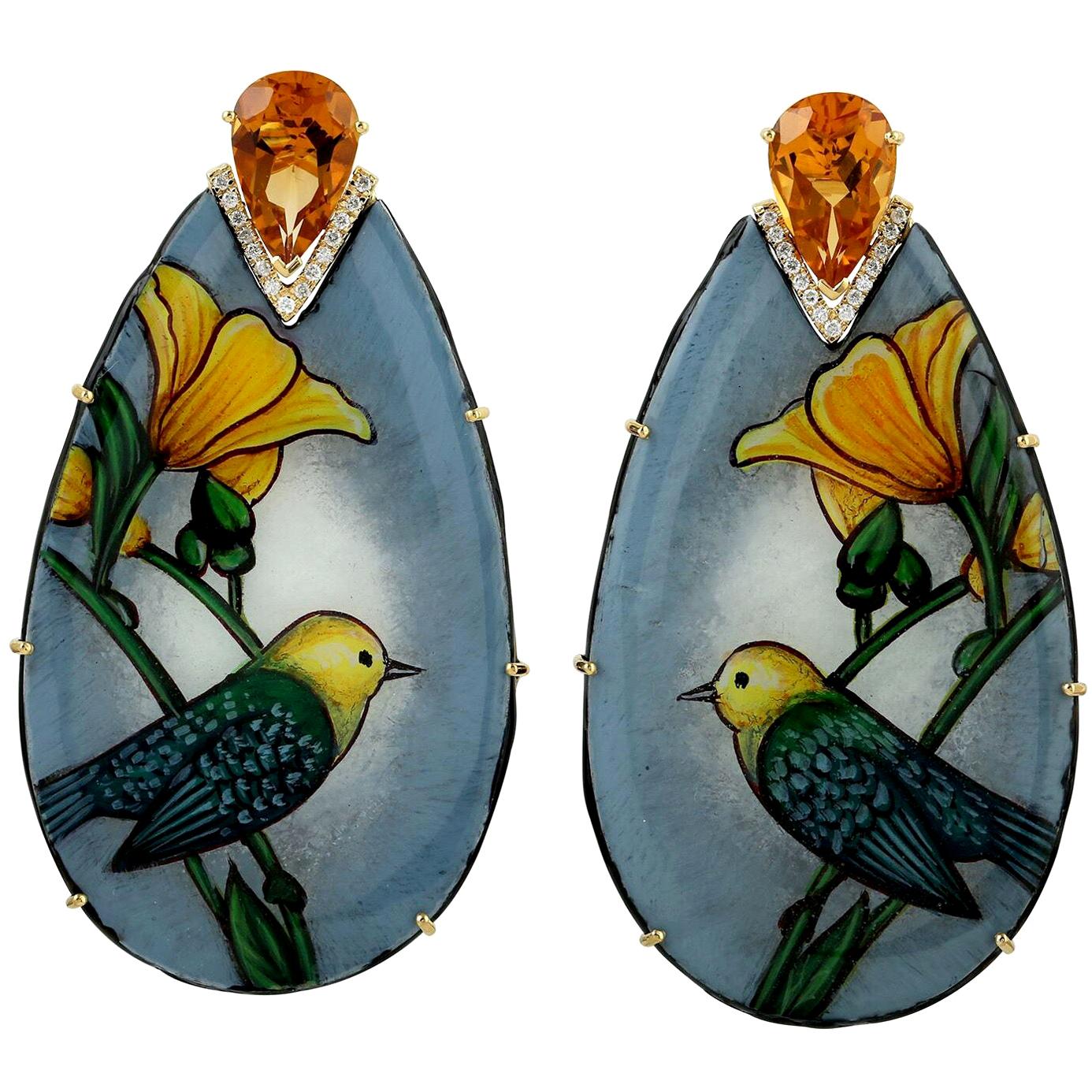 18 Karat Gold Sparrow Enamel Citrine Diamond Earrings For Sale