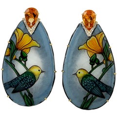 18 Karat Gold Sparrow Enamel Citrine Diamond Earrings