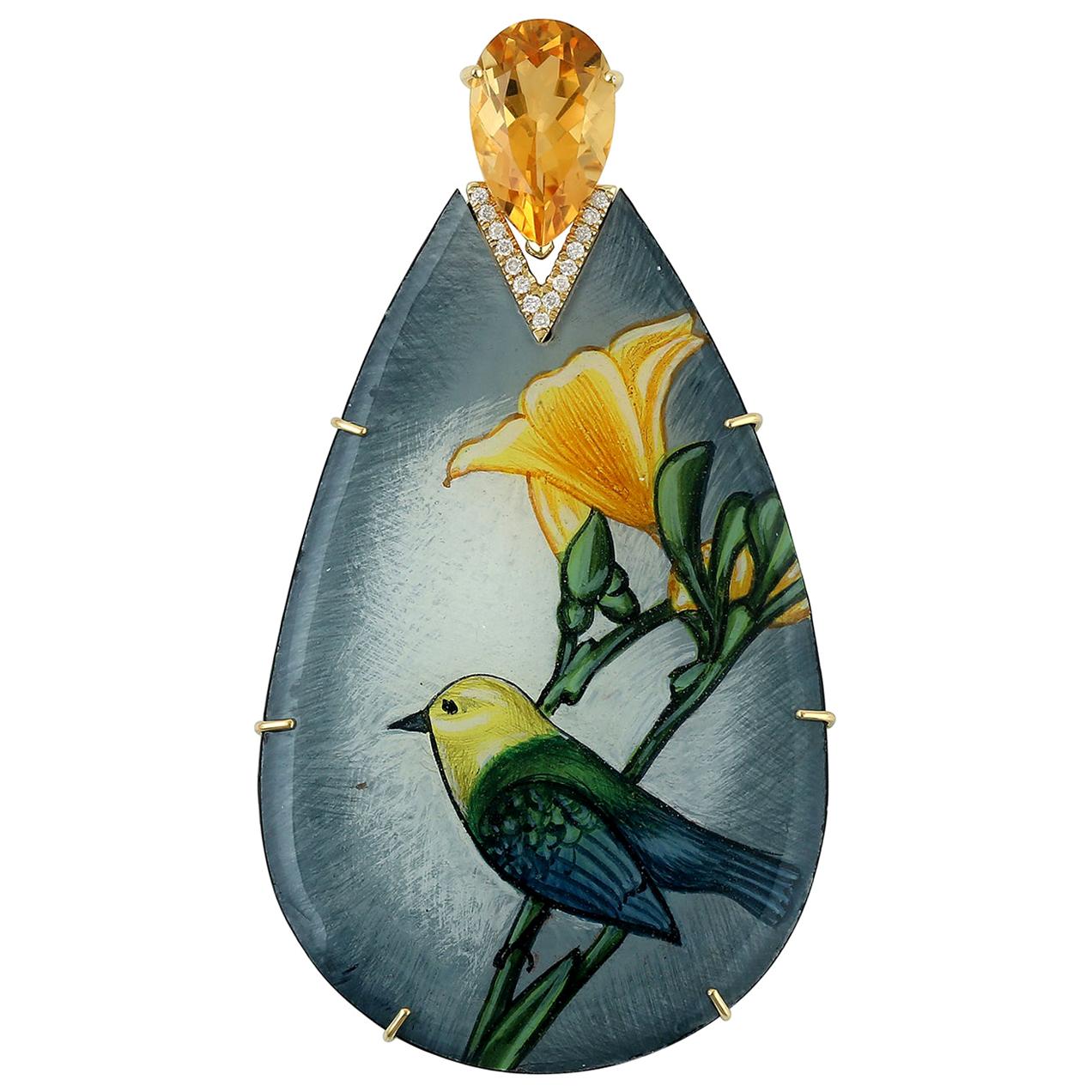 Enamel Citrine Diamond 18 Karat Gold Sparrow Pendant Necklace For Sale