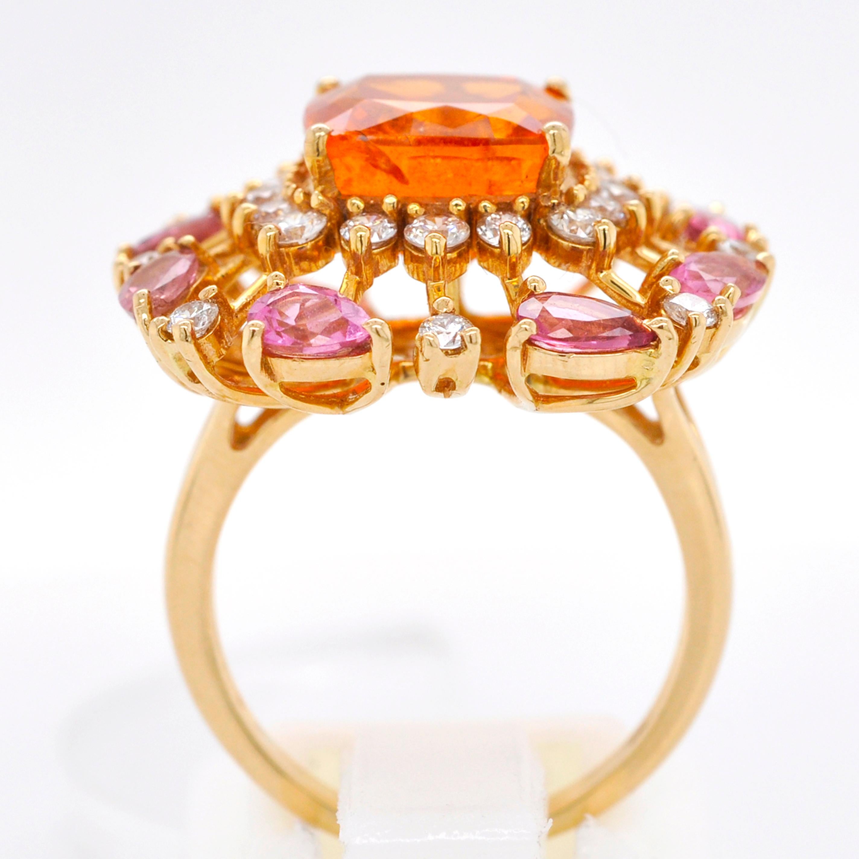 18 Karat Gold Spessartine Cushion Mandarin Garnet Pink Tourmaline Diamond Ring 4