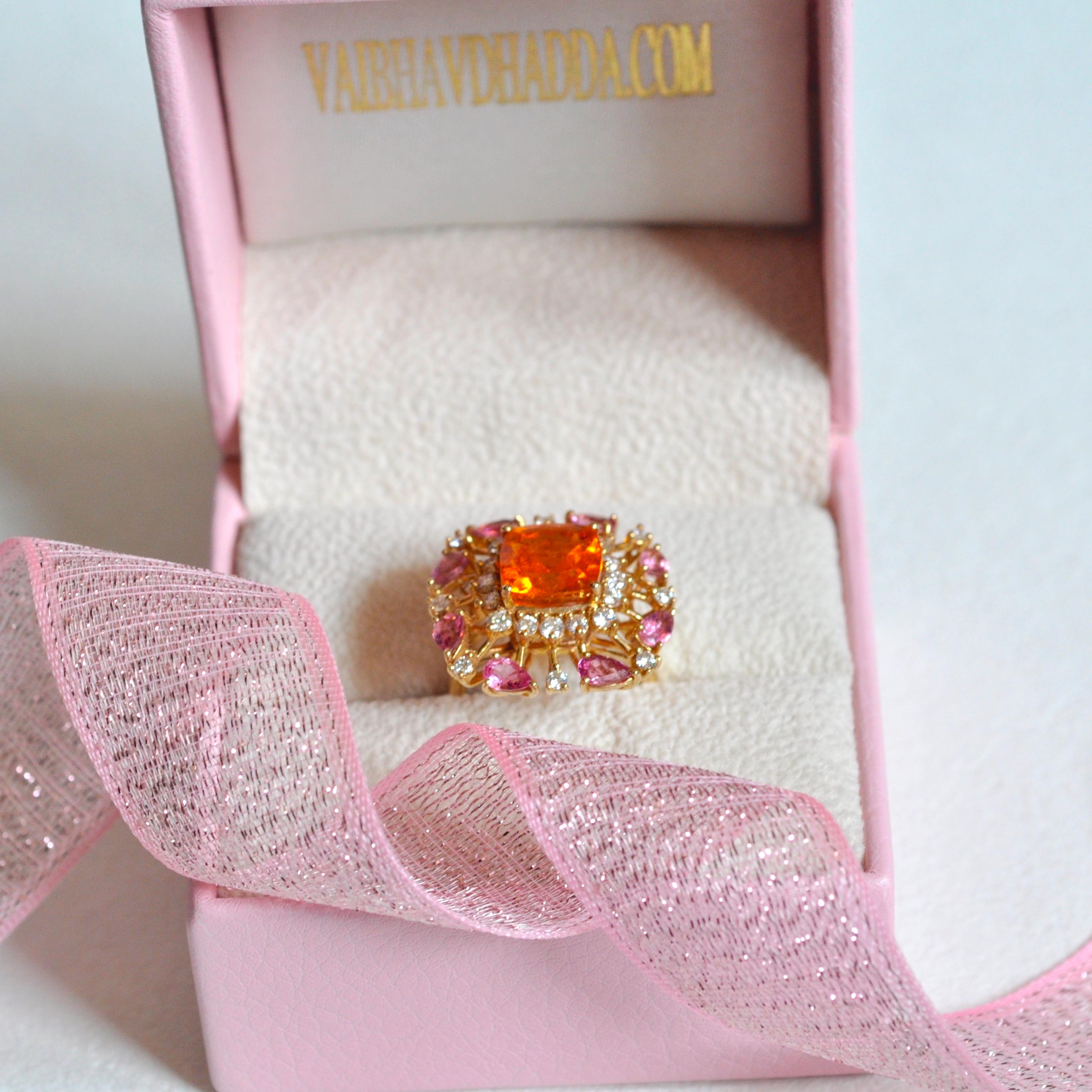 18 Karat Gold Spessartine Cushion Mandarin Garnet Pink Tourmaline Diamond Ring 10