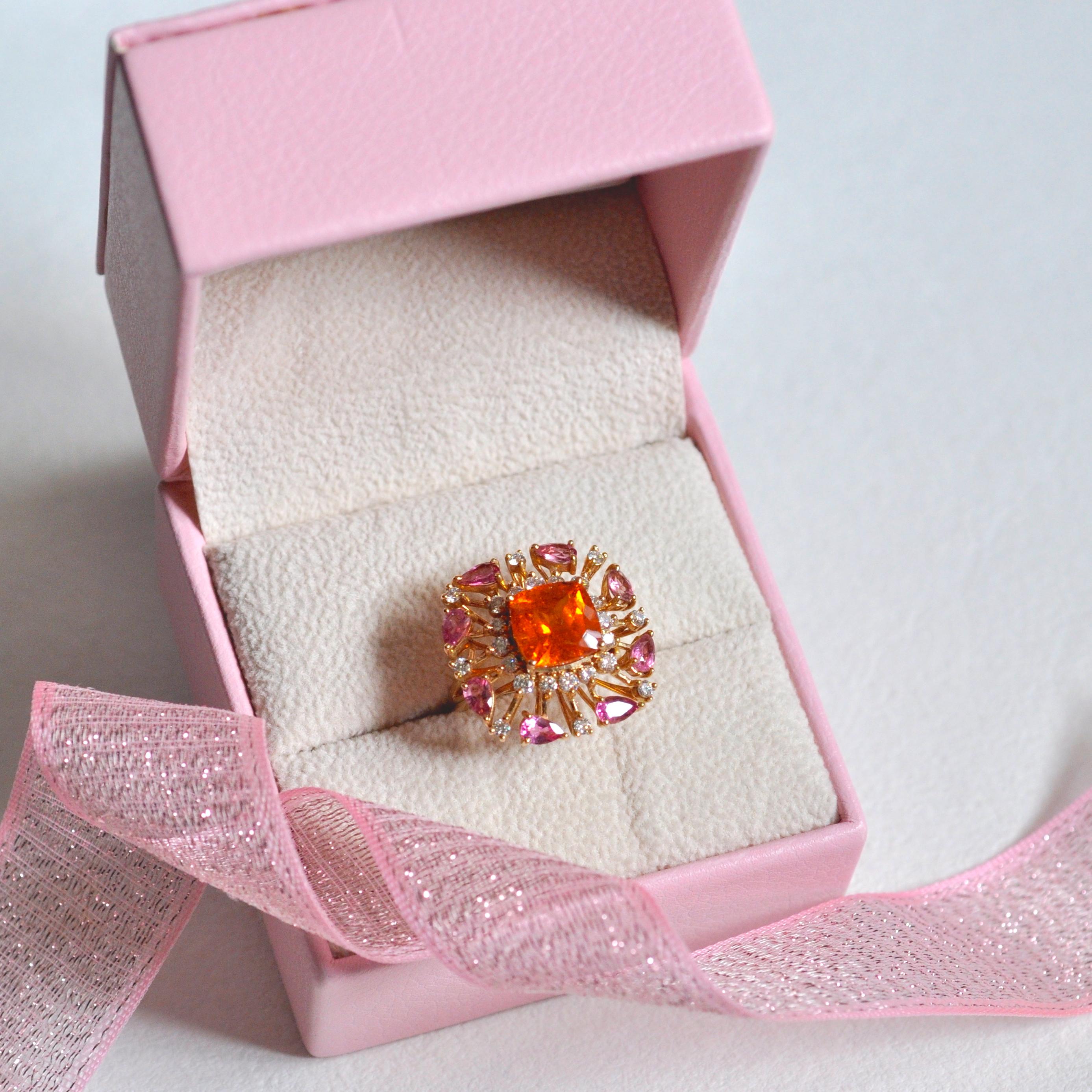 18 Karat Gold Spessartine Cushion Mandarin Garnet Pink Tourmaline Diamond Ring 11