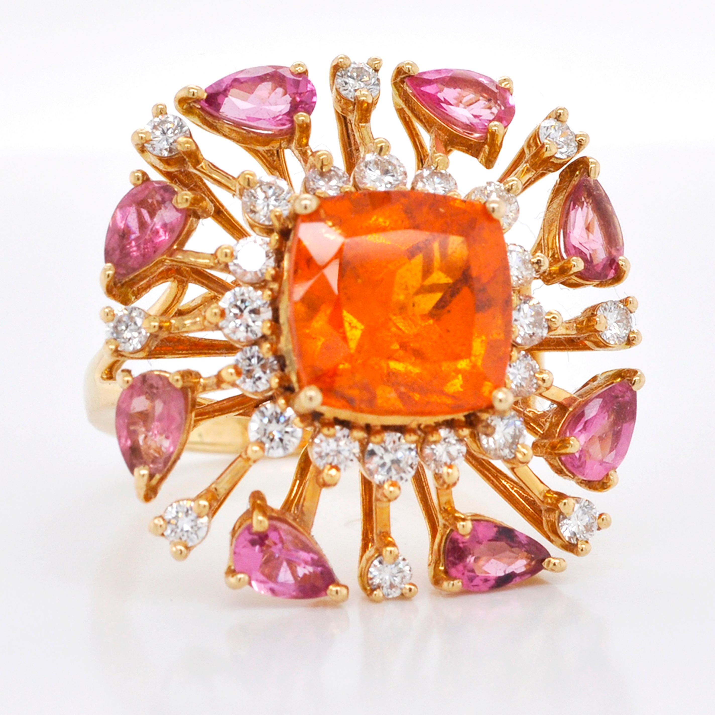 Women's 18 Karat Gold Spessartine Cushion Mandarin Garnet Pink Tourmaline Diamond Ring