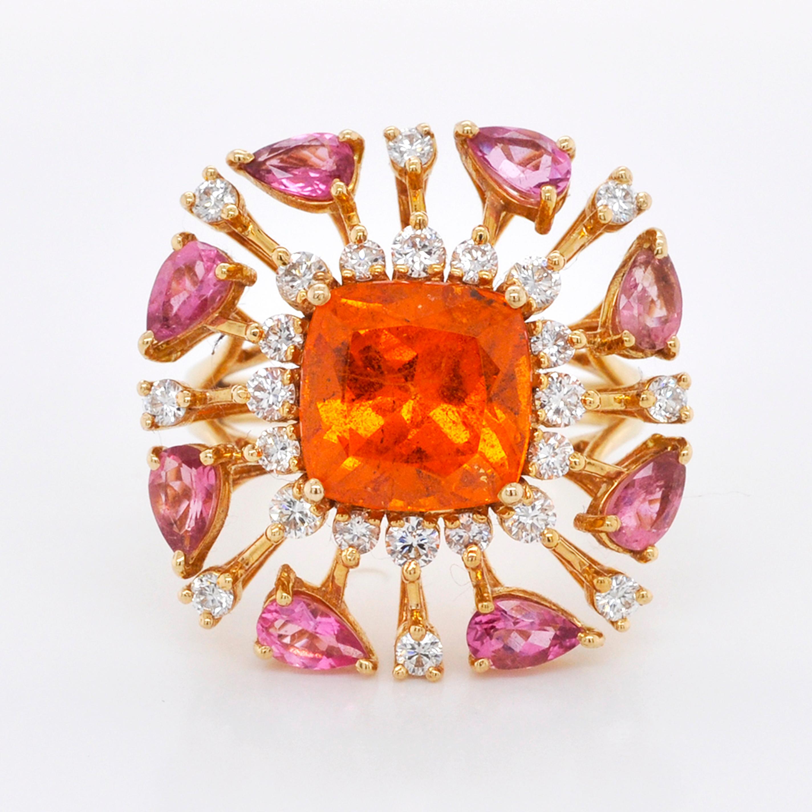 18 Karat Gold Spessartine Cushion Mandarin Garnet Pink Tourmaline Diamond Ring 1