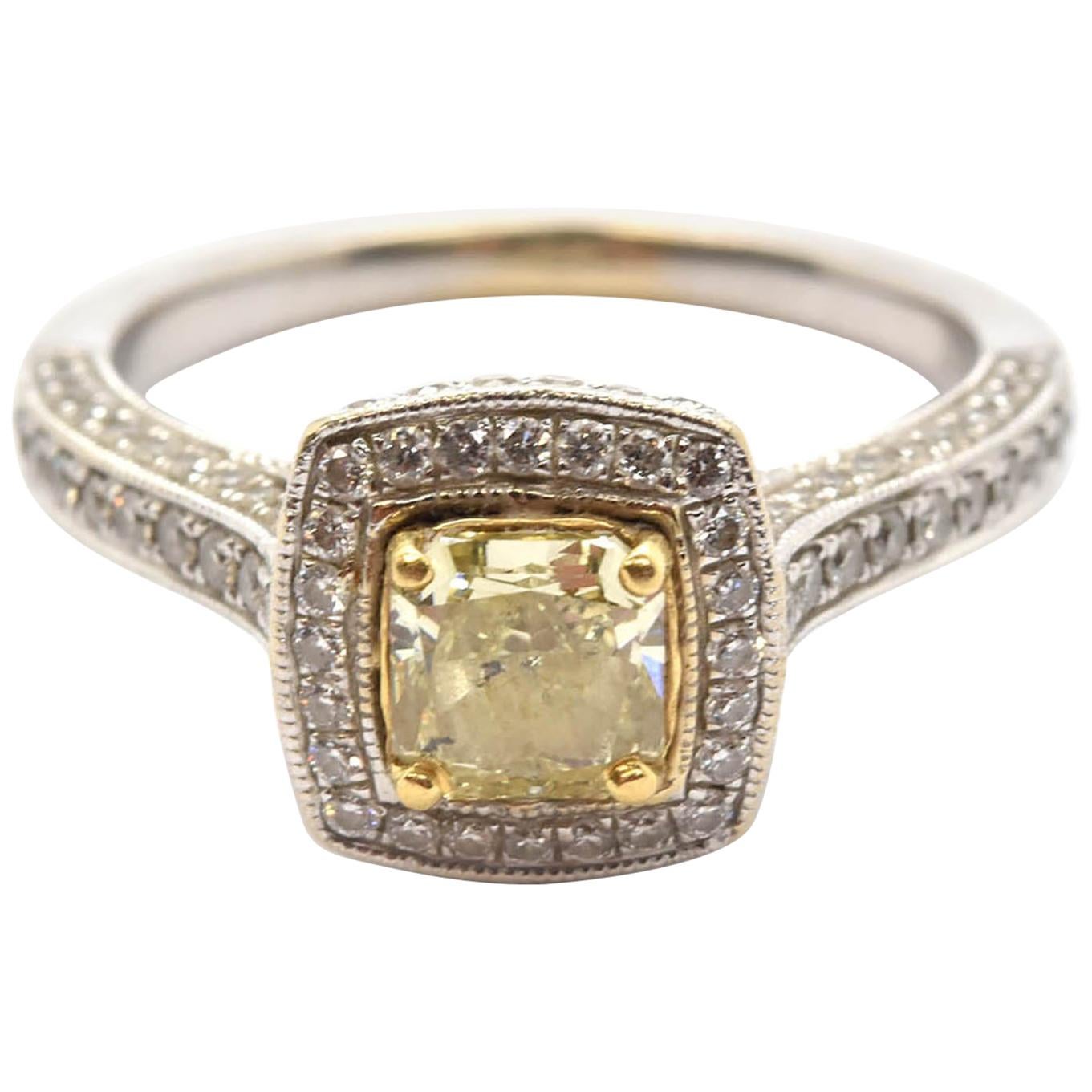 18 Karat Gold Square Brilliant Fancy Yellow 0.77 Carat Diamond Engagement Ring