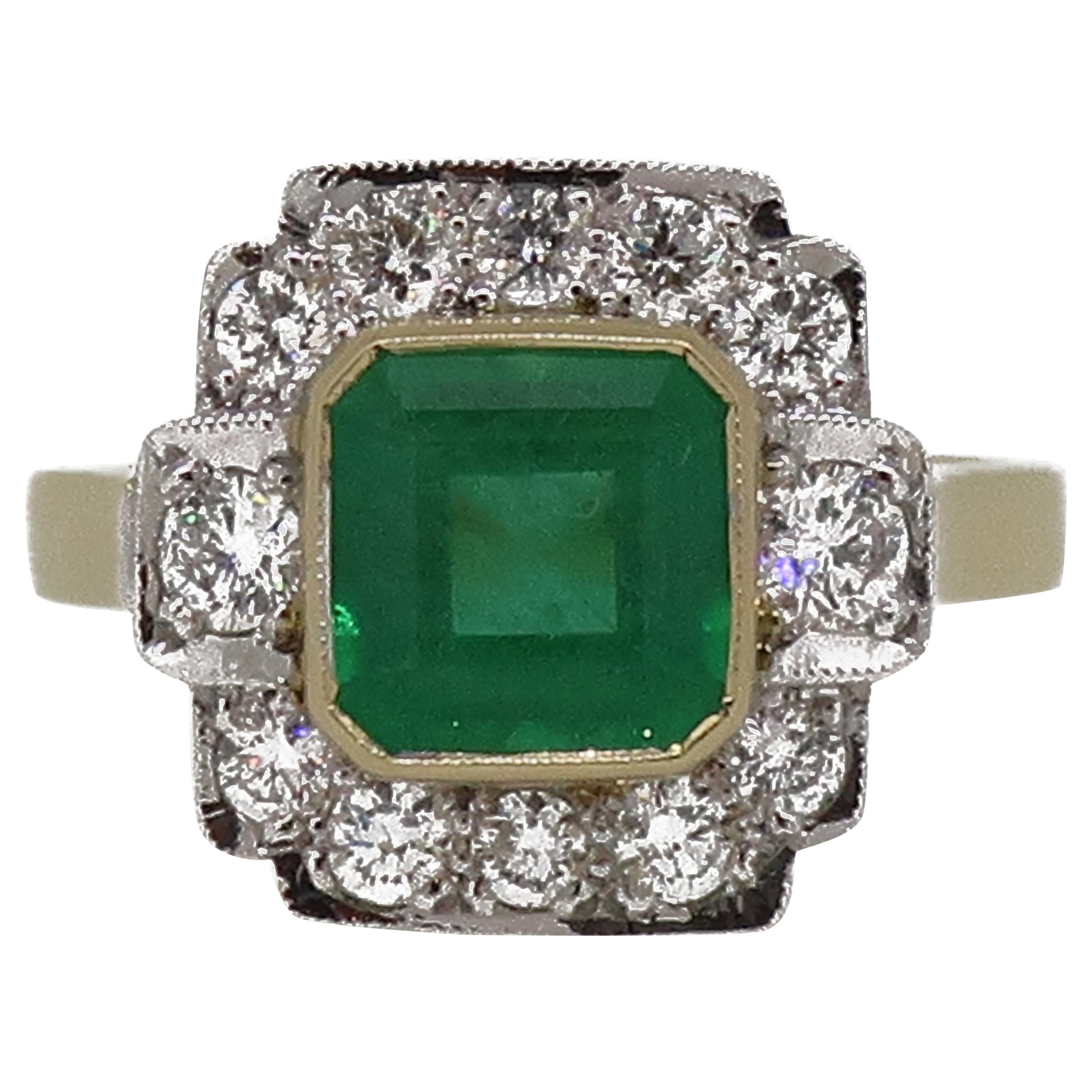 18 Karat Gold Square Emerald Cut Emerald and Diamond Art Deco Style Cluster Ring