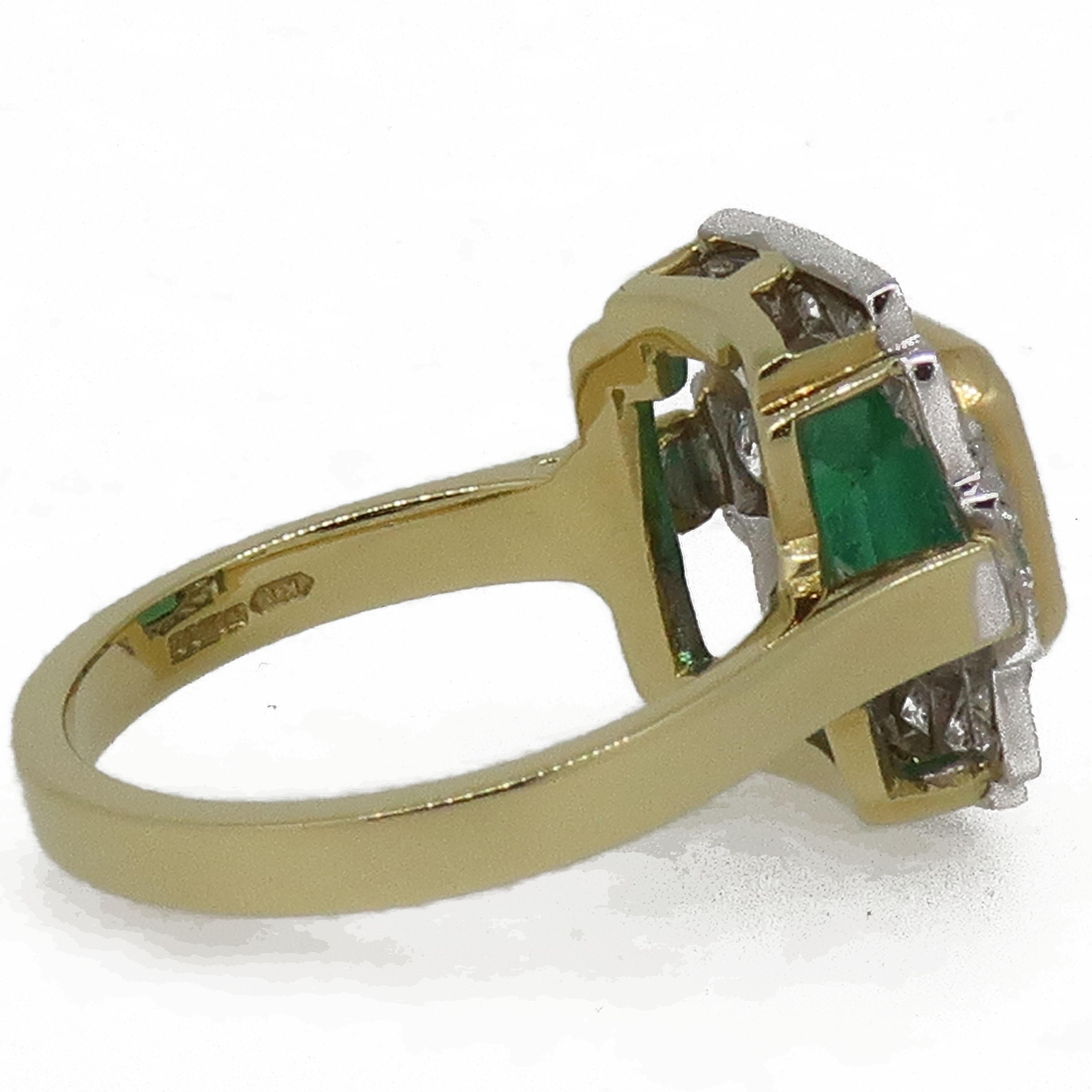 18 Karat Gold Square Emerald Cut Emerald & Diamond Art Deco Style Cluster Ring.

A striking square emerald-cut green Brazilian emerald set in a fine yellow gold bezel weighing 1.89ct, surrounded by twelve round brilliant cut diamonds all set in a