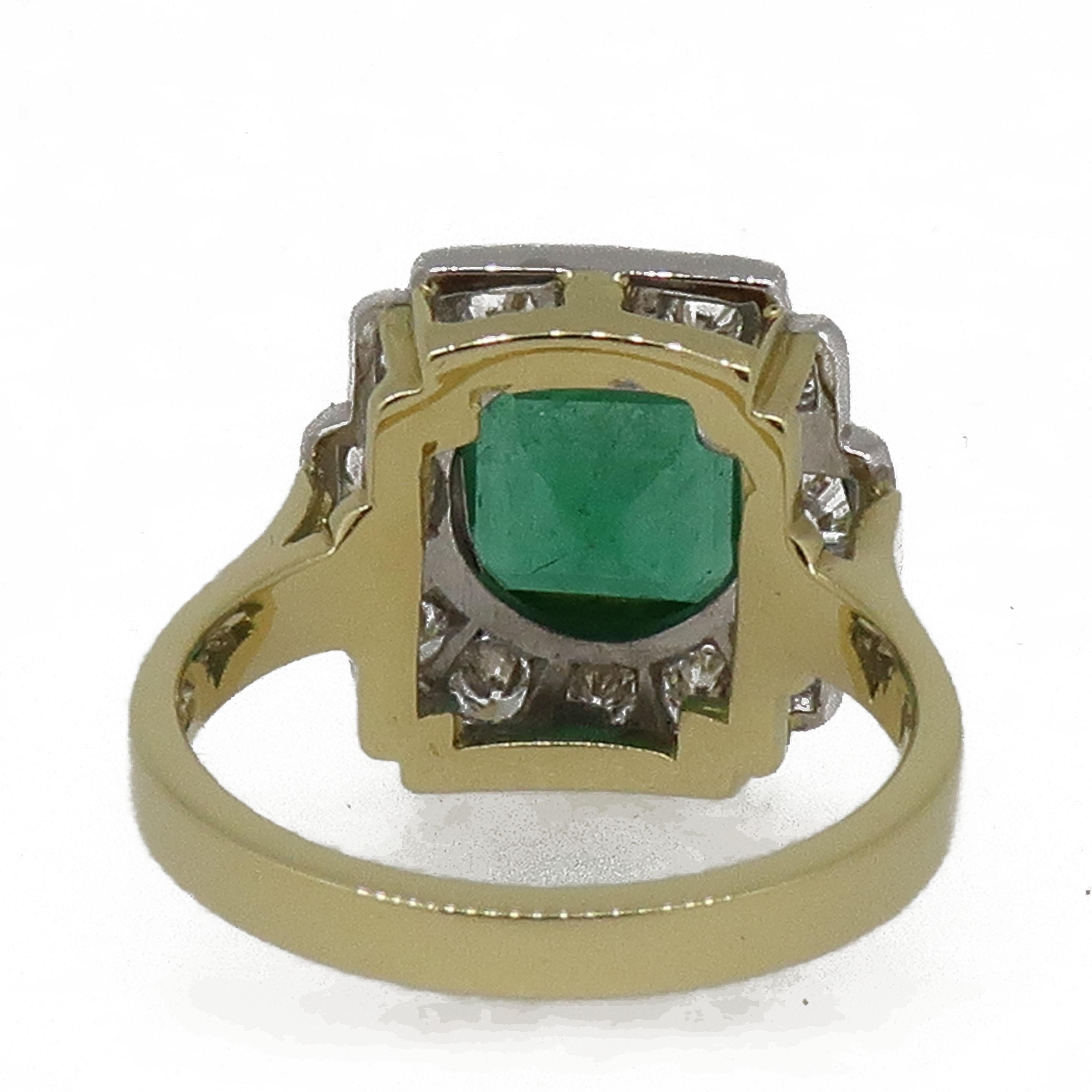 Octagon Cut 18 Karat Gold Square Emerald Cut Emerald and Diamond Art Deco Style Cluster Ring