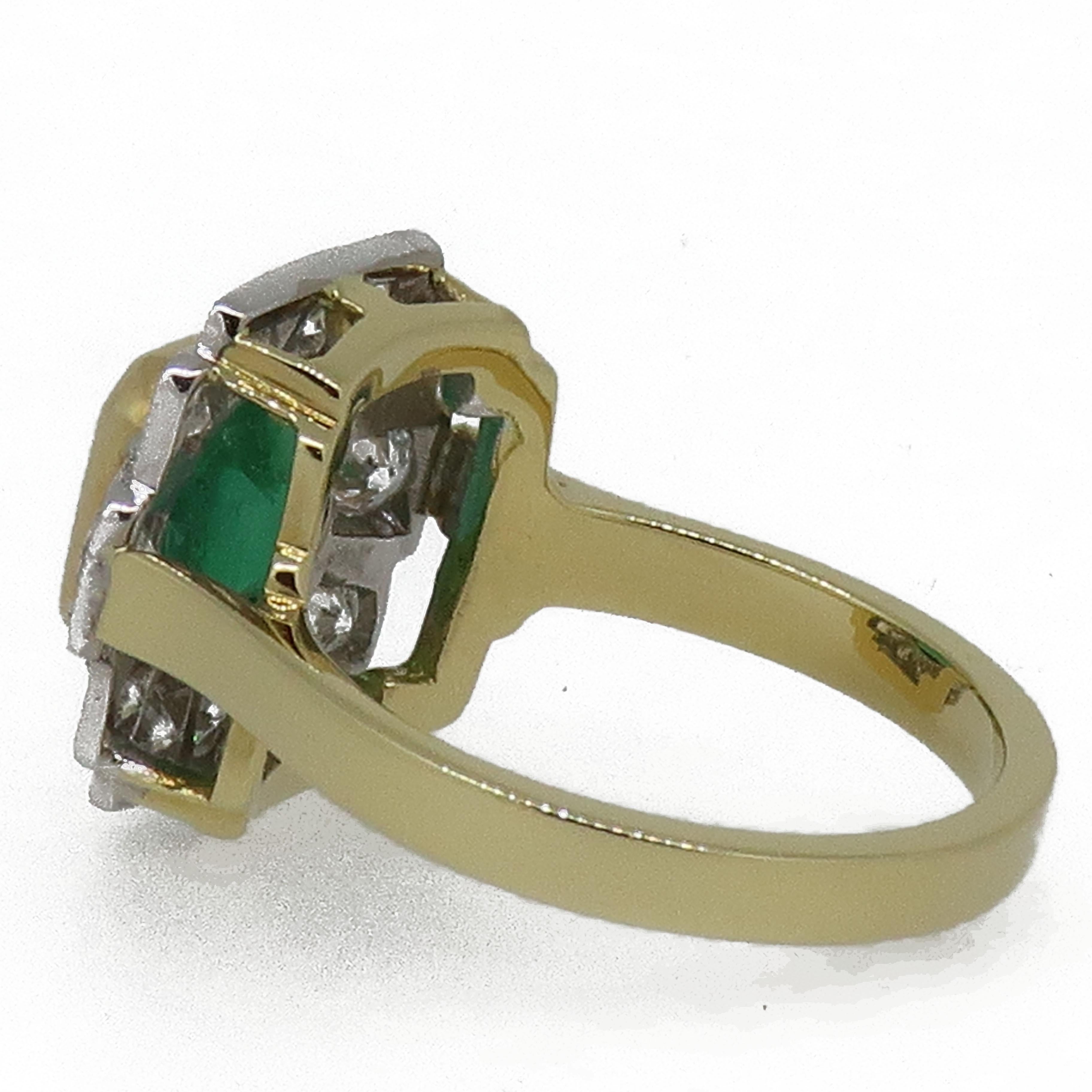 18 Karat Gold Square Emerald Cut Emerald and Diamond Art Deco Style Cluster Ring 1