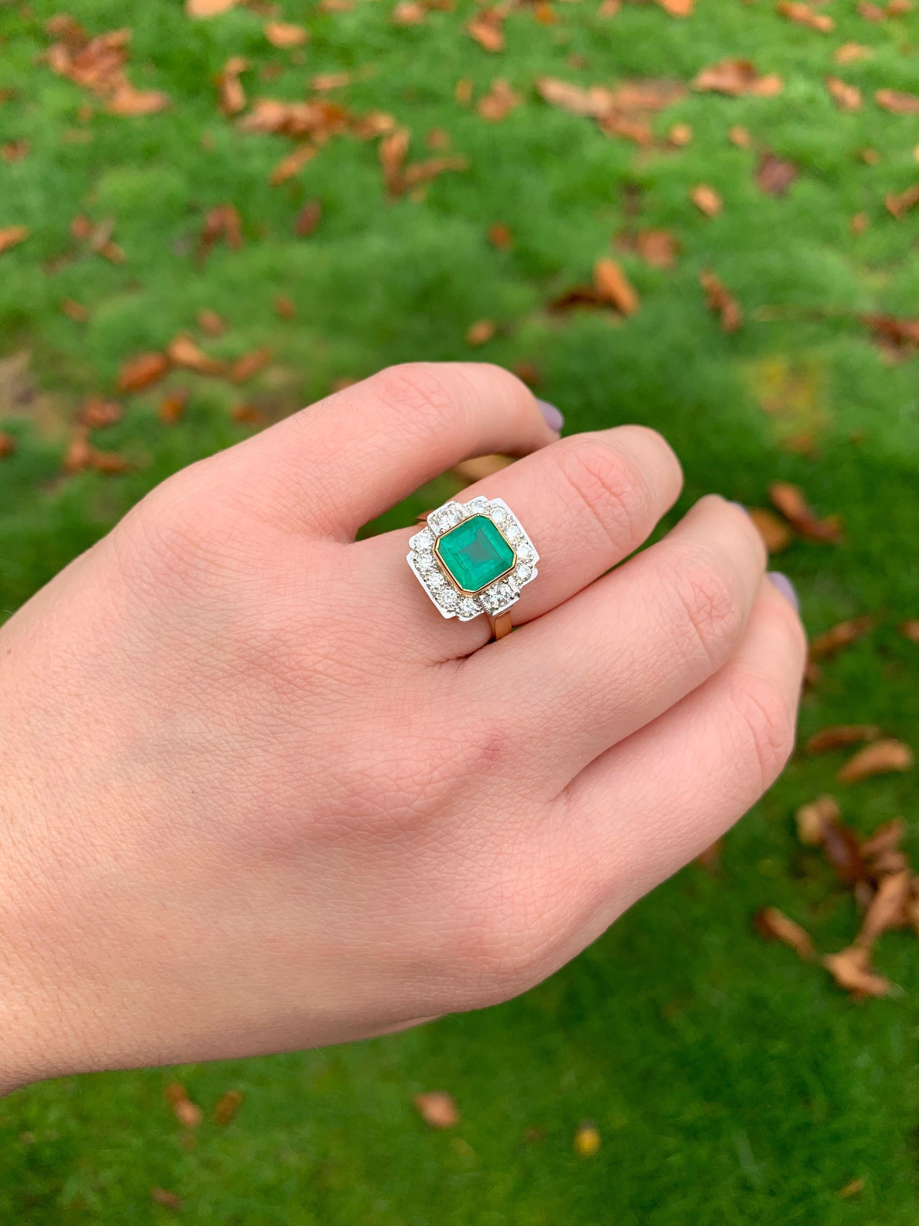 18 Karat Gold Square Emerald Cut Emerald and Diamond Art Deco Style Cluster Ring 2