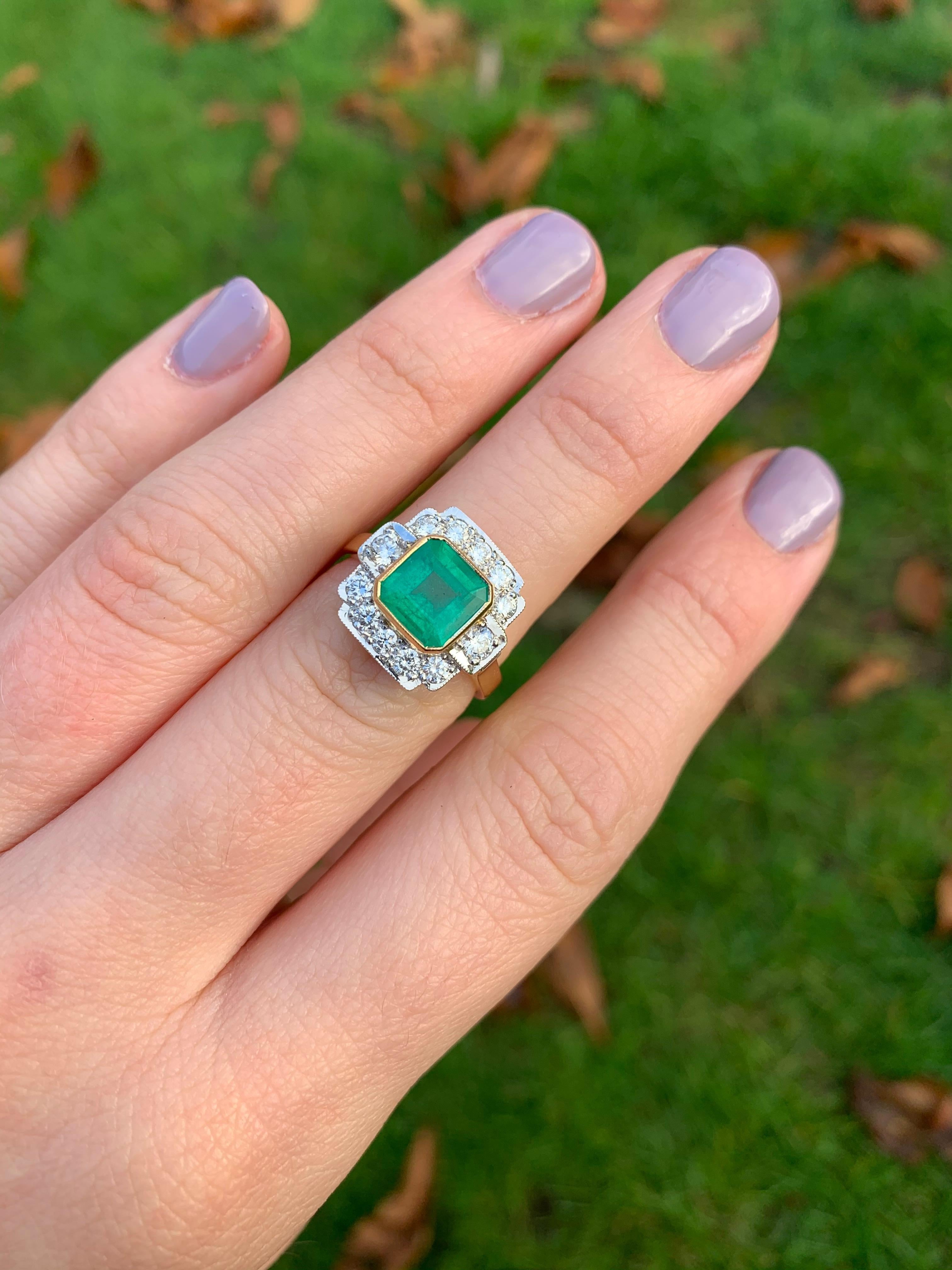 Women's 18 Karat Gold Square Emerald Cut Emerald and Diamond Art Deco Style Cluster Ring