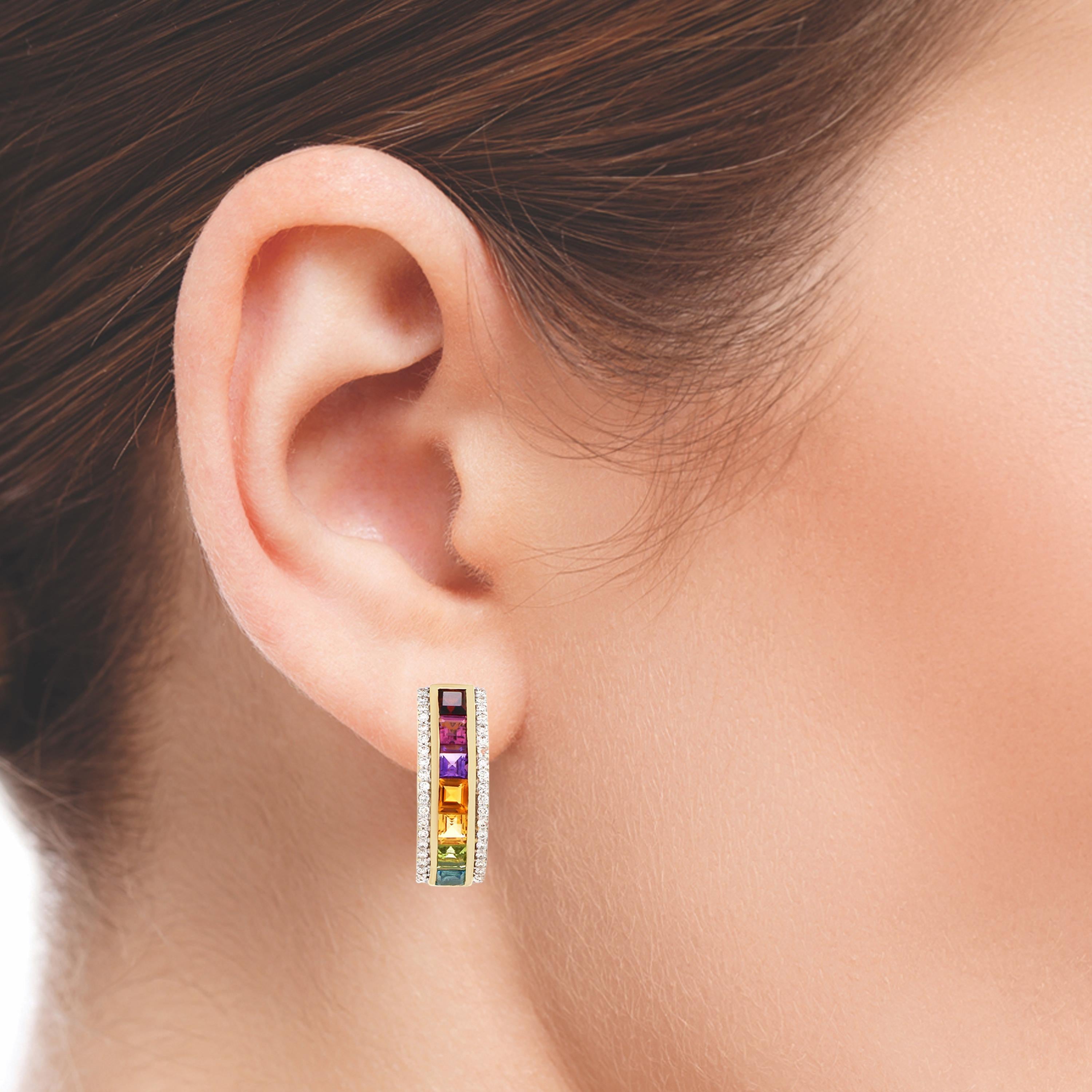 This exclusive multicolor gemstones diamond half-hoop stud earrings is exemplary. The perfectly cut square gemstones include Natural Garnet, Rhodolite, Amethyst, Citrine, Peridot, and Blue Topaz are set nicely in a channel setting are incorporated