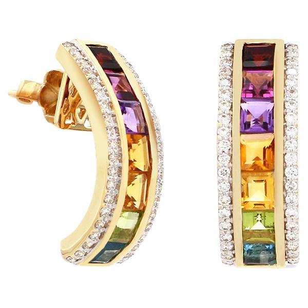 18 Karat Gold Square Multicolor Gemstones Diamond Half-Hoop Huggie Stud Earrings For Sale