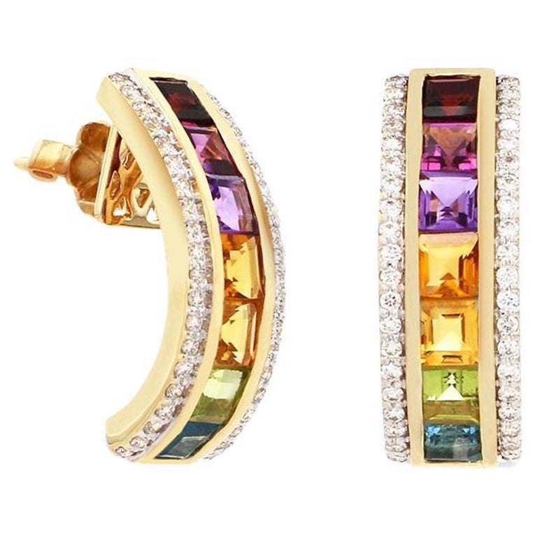 18 Karat Gold Square Multicolor Gemstones Diamond Half-Hoop Huggie Stud ...