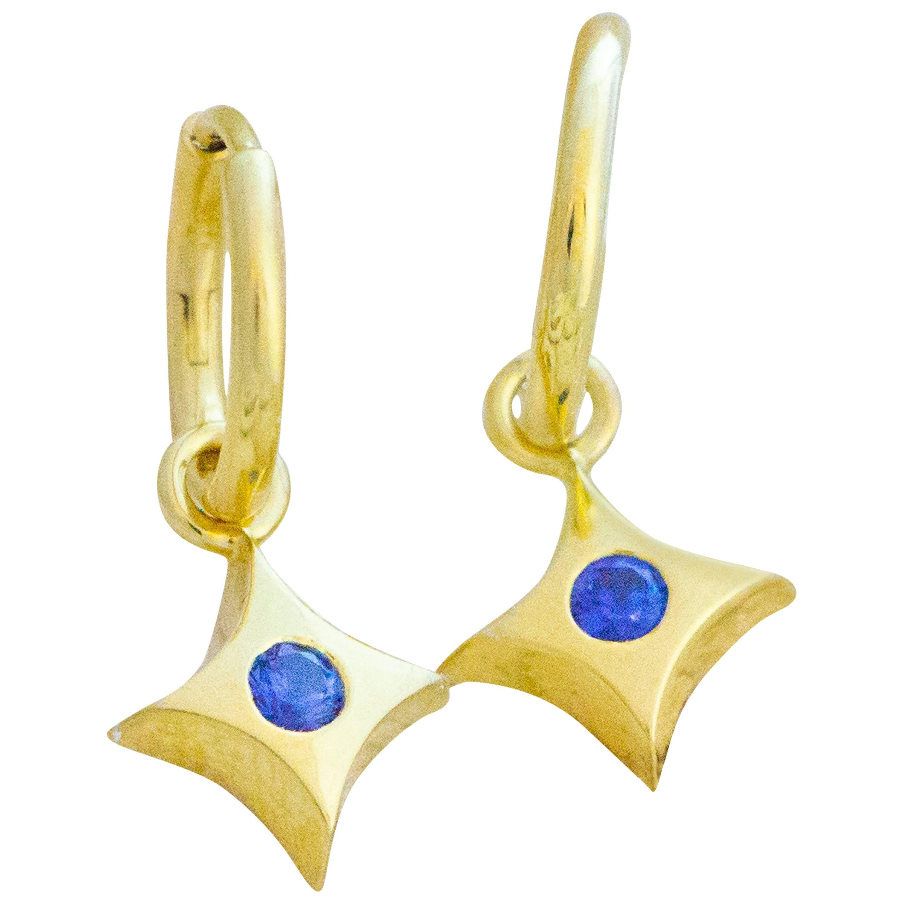 18 Karat Gold Star Hoop Earrings with Ceylon Sapphires For Sale