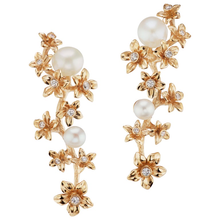 18 Karat Gold Star Jasmine Vine Earrings with Diamond and Freshwater ...