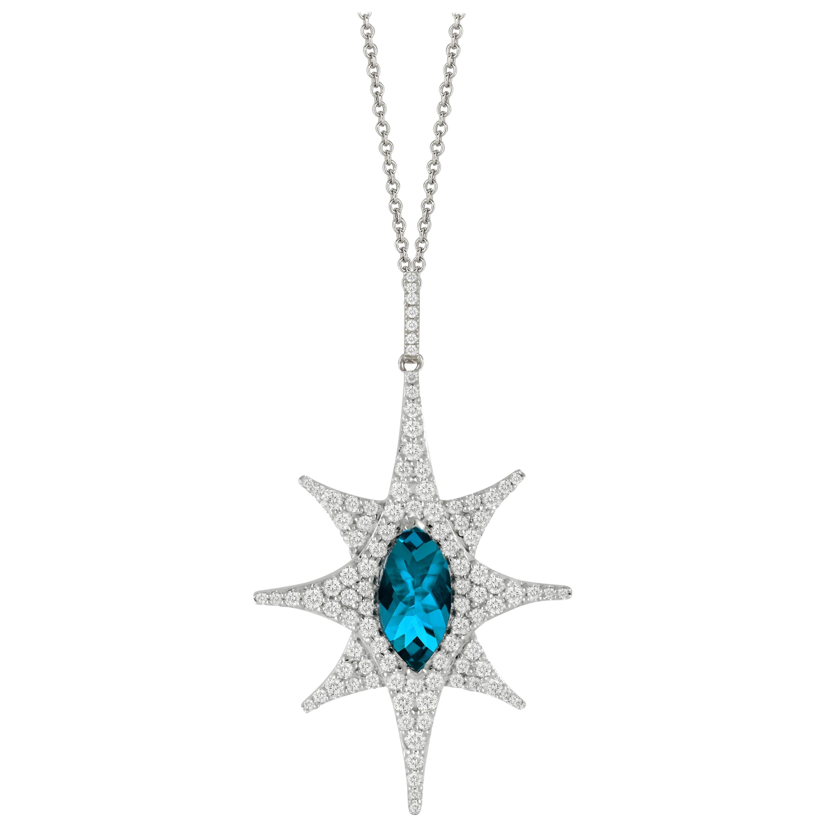 18 Karat Gold Star Shape Necklace with Marquise London Blue Topaz and Diamonds For Sale