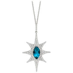 18 Karat Gold Star Shape Necklace with Marquise London Blue Topaz and Diamonds