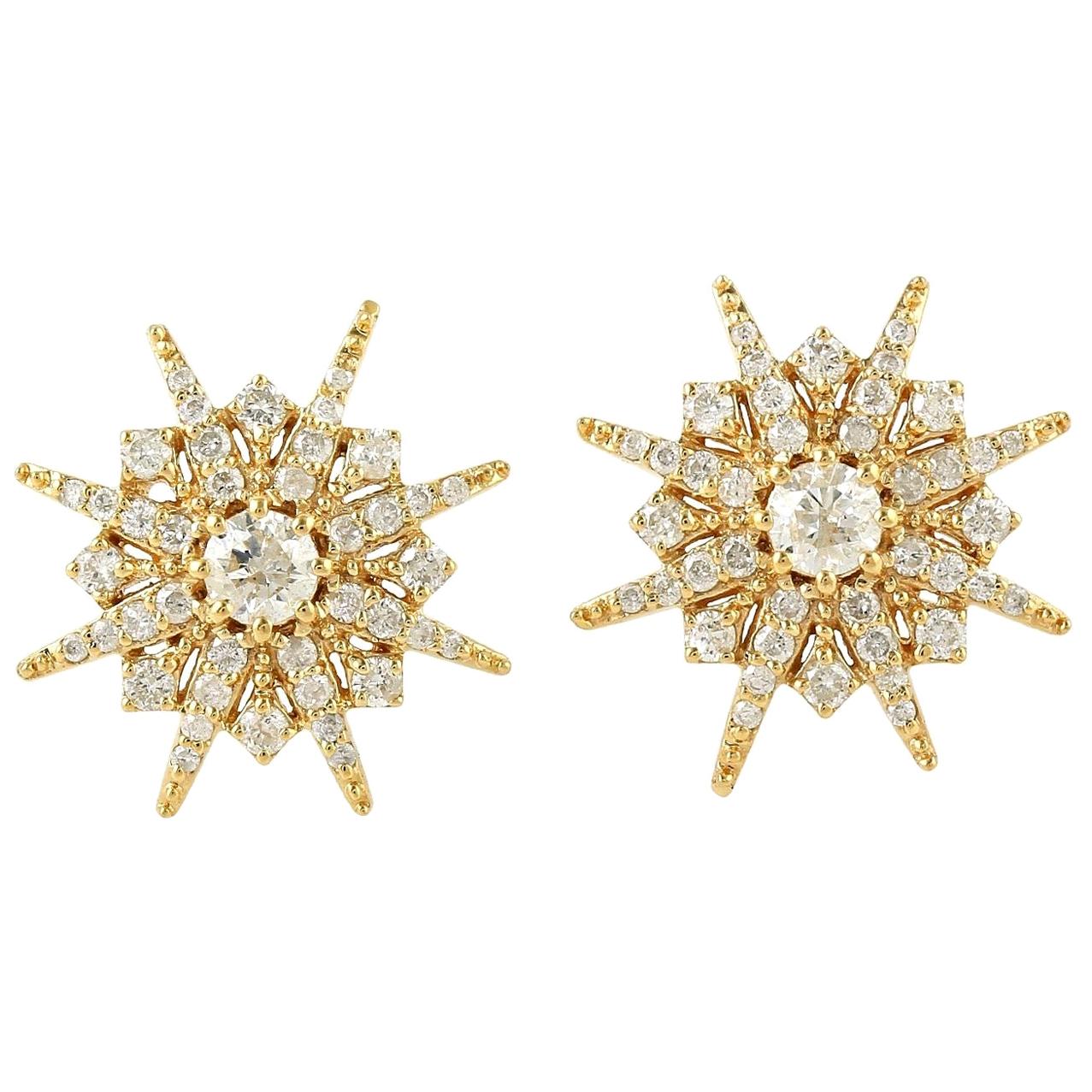 18 Karat Gold Starburst Diamond Stud Earrings For Sale