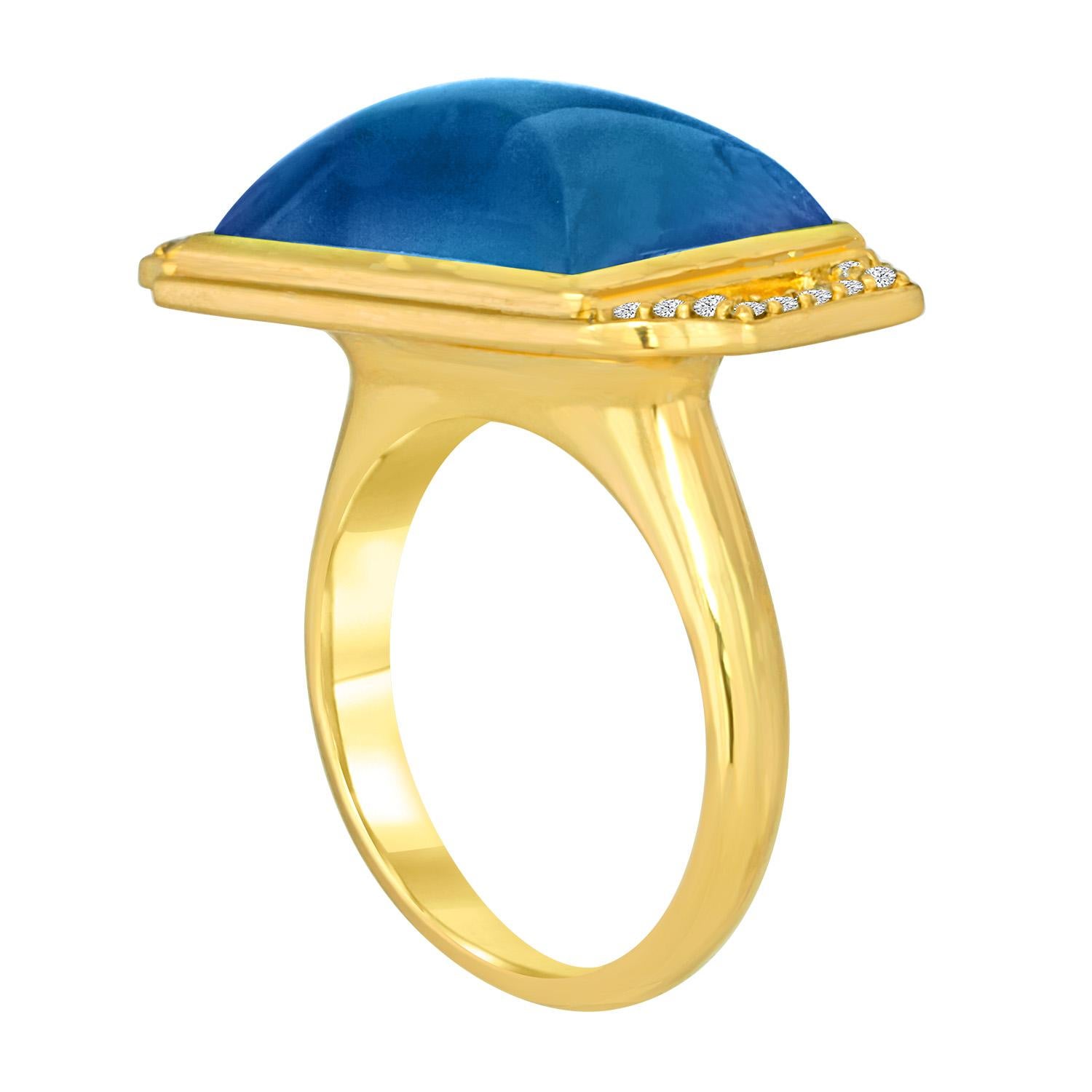 You need no other jewels when wearing this statement ring.  Influenced by Deco designs, this geometric ring features a large custom cut, luminescent Labradorite.  The diamond elements flanking the center stone add a high fashion element to the