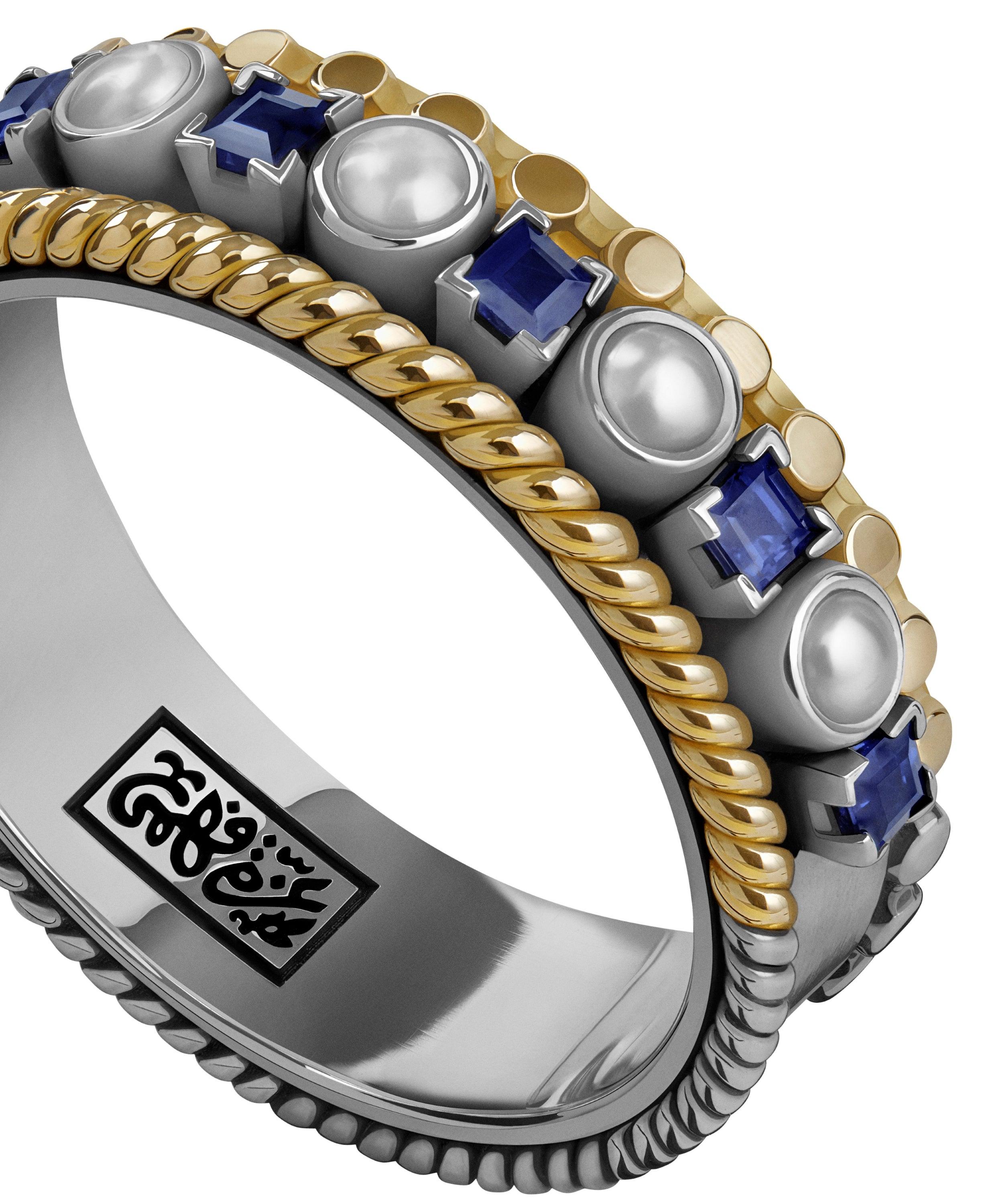 For Sale:  18 Karat Gold, Sterling Silver, 0.45 Carat Sapphire and Pearl Stackable Ring 3