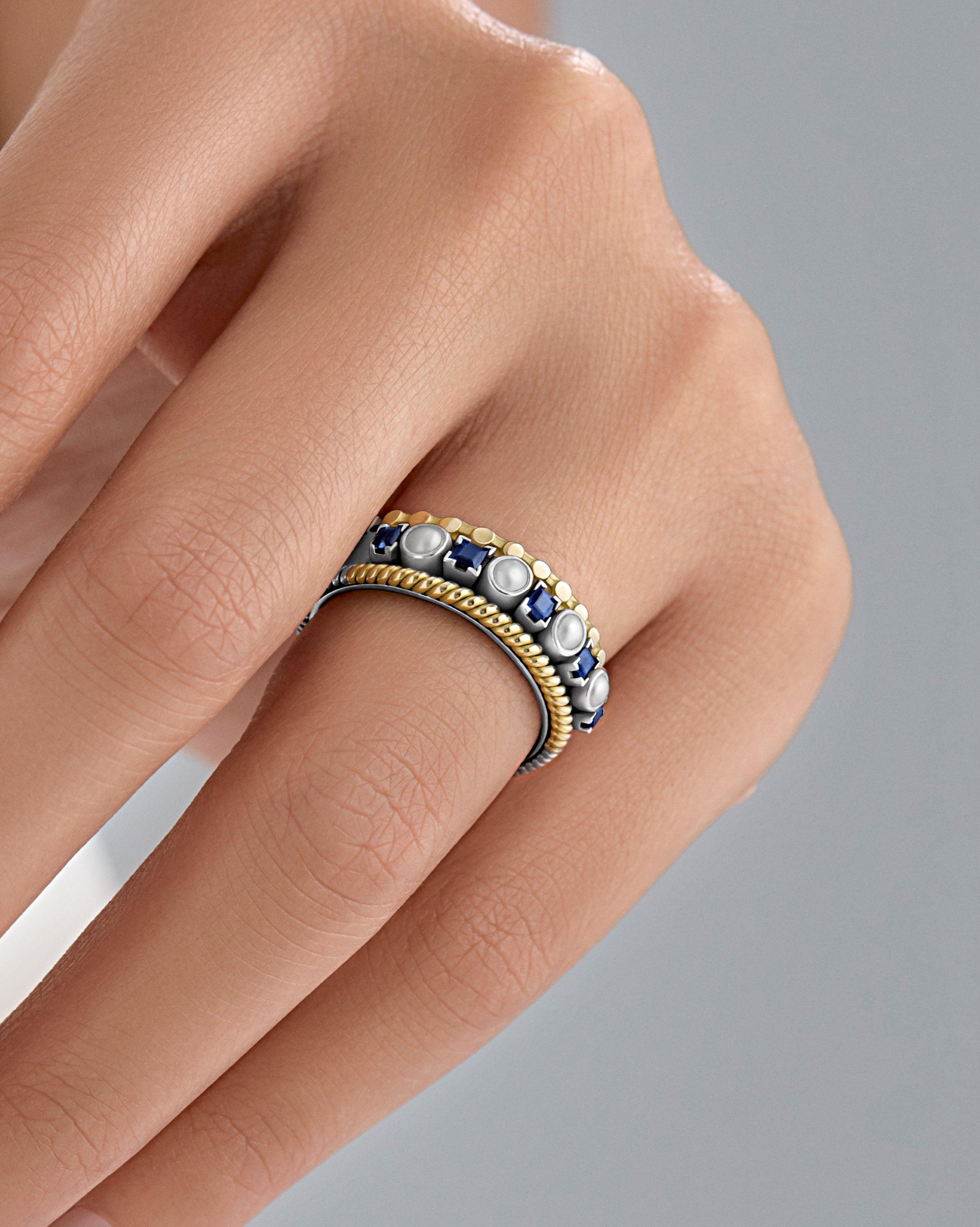 For Sale:  18 Karat Gold, Sterling Silver, 0.45 Carat Sapphire and Pearl Stackable Ring 4