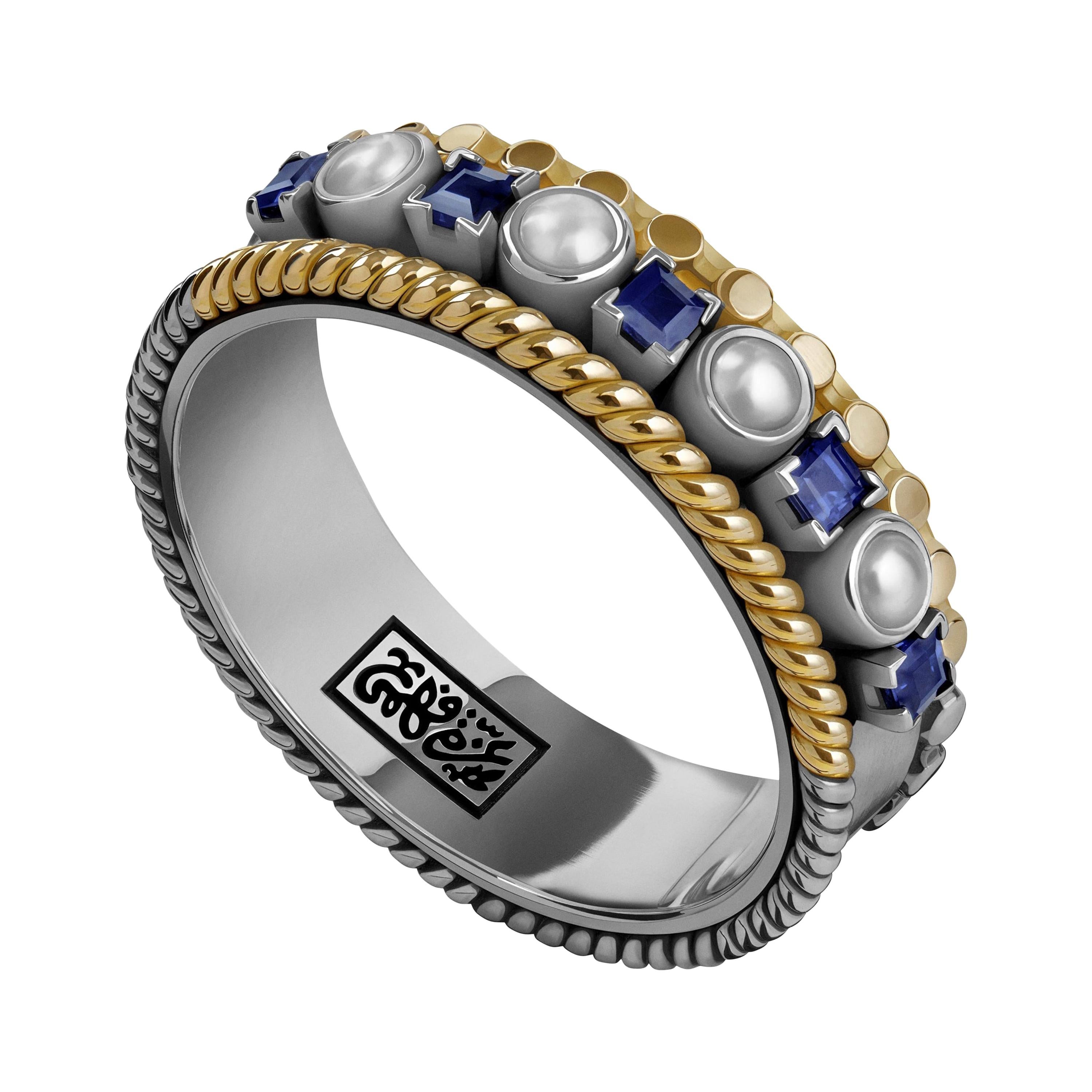 For Sale:  18 Karat Gold, Sterling Silver, 0.45 Carat Sapphire and Pearl Stackable Ring