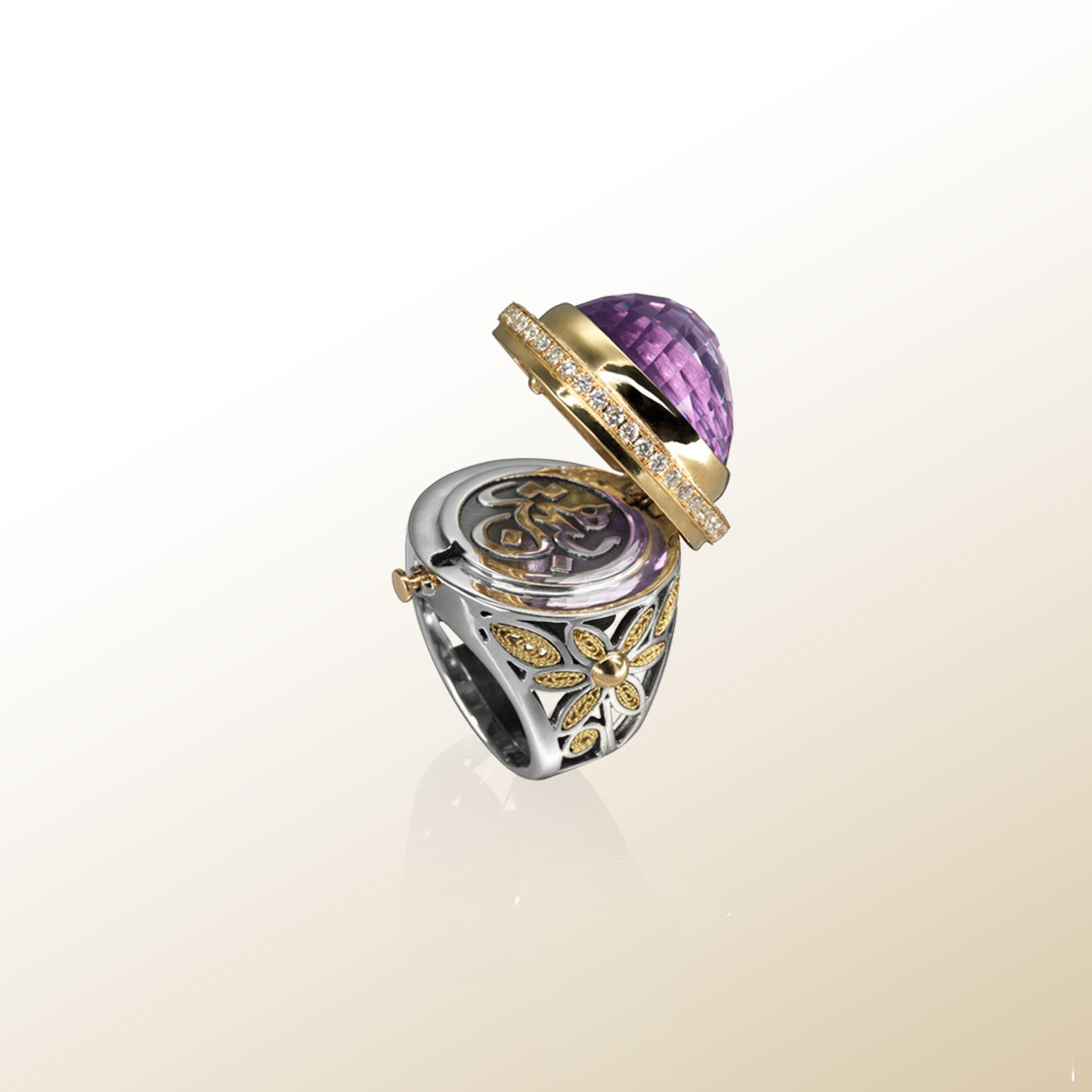 For Sale:  18 Karat Gold, Sterling Silver, 30.00 Carat Amethyst and Diamond Locket Ring 5