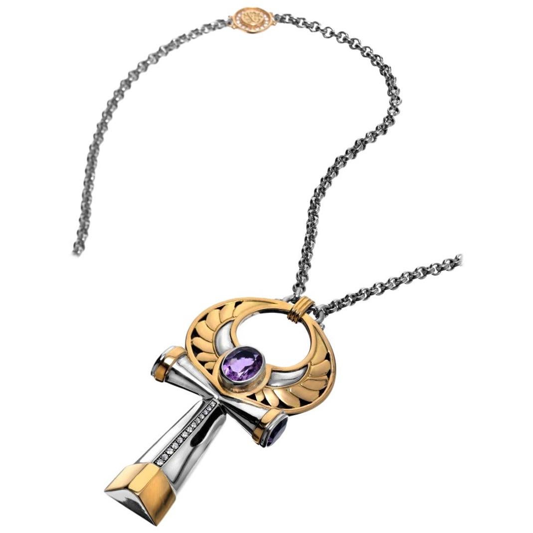 18 Karat Gold, Sterling Silver, Amethyst and Diamond Key of Life Necklace