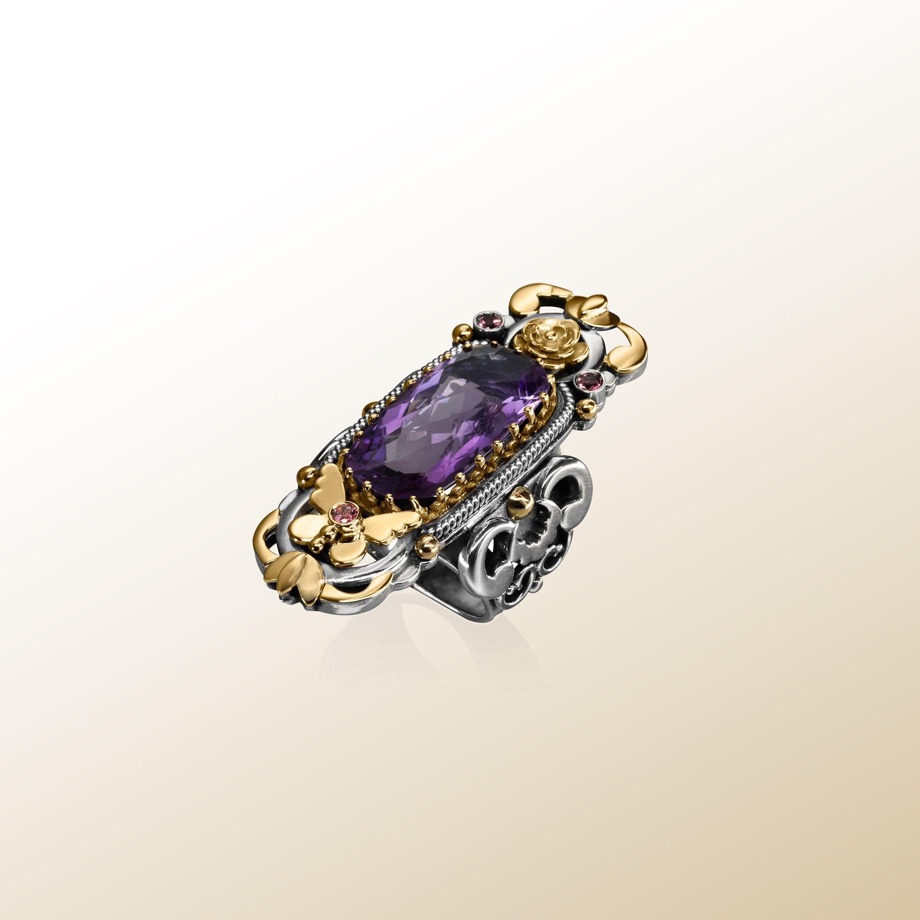 For Sale:  18 Karat Gold, Sterling Silver, Amethyst and Pink Tourmaline Limited Garden Ring 3