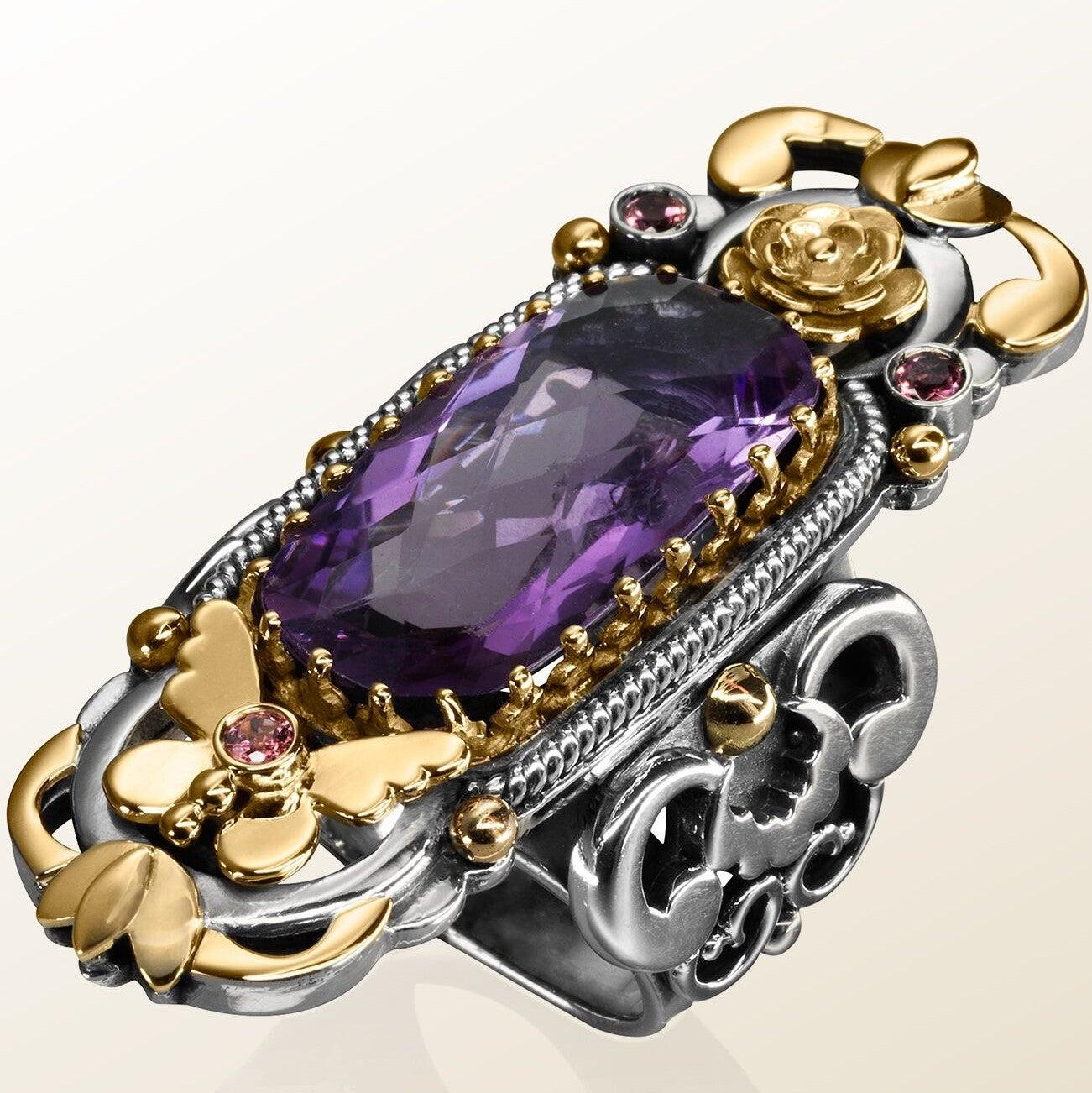 For Sale:  18 Karat Gold, Sterling Silver, Amethyst and Pink Tourmaline Limited Garden Ring 4