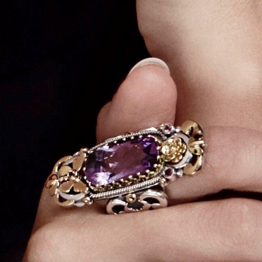For Sale:  18 Karat Gold, Sterling Silver, Amethyst and Pink Tourmaline Limited Garden Ring 5
