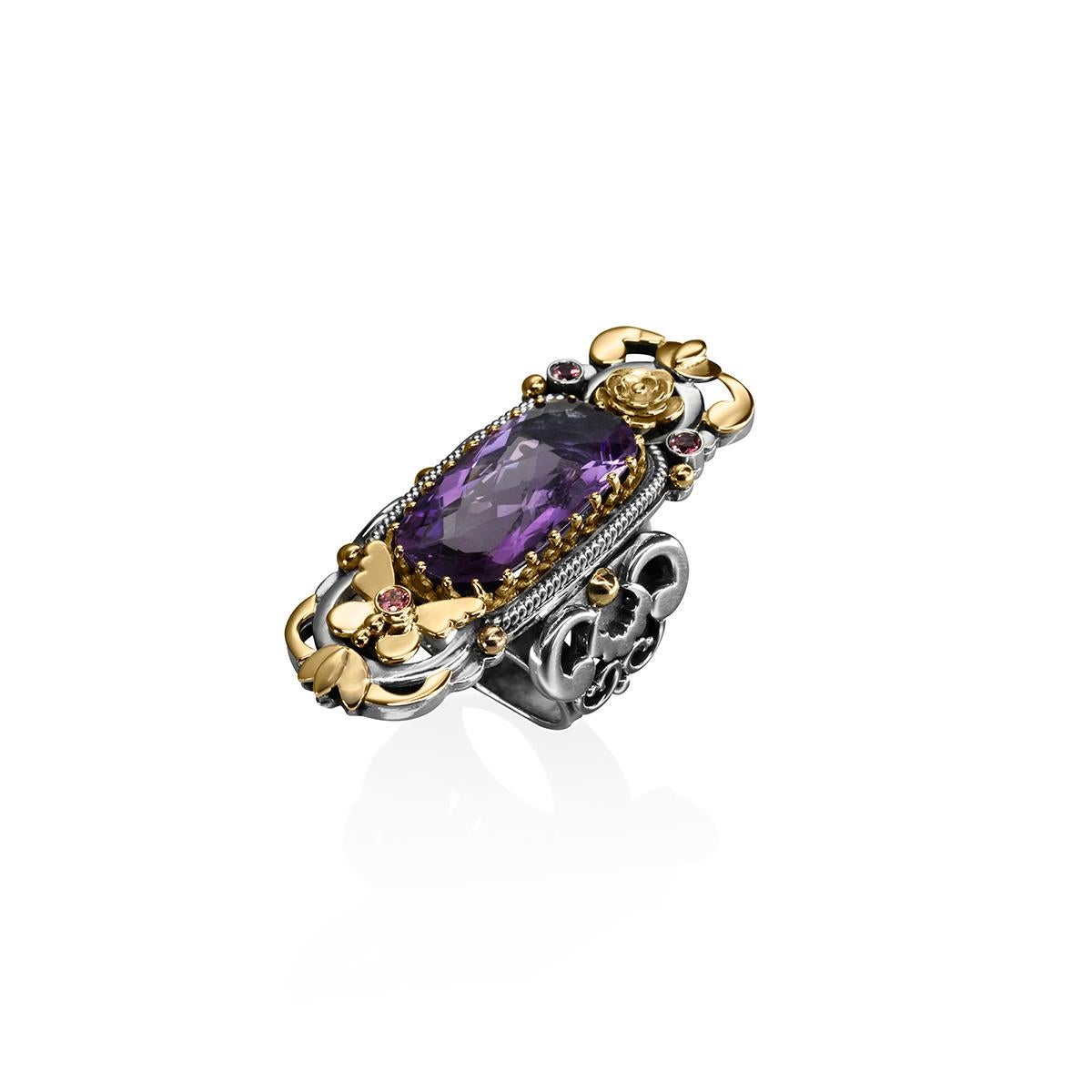 For Sale:  18 Karat Gold, Sterling Silver, Amethyst and Pink Tourmaline Limited Garden Ring 6